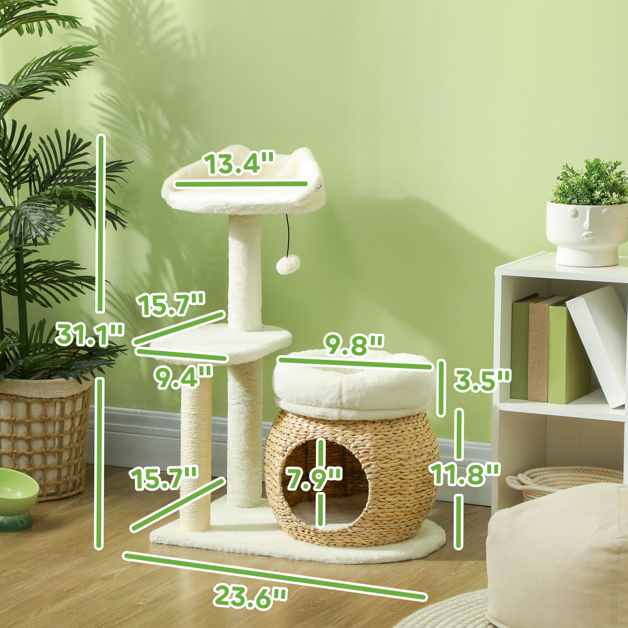 31" Cat Tree Tower with Scratching Posts, Cat Condo, Beds, Platform and Toy Ball for Indoor Cats, Cream White — image 6