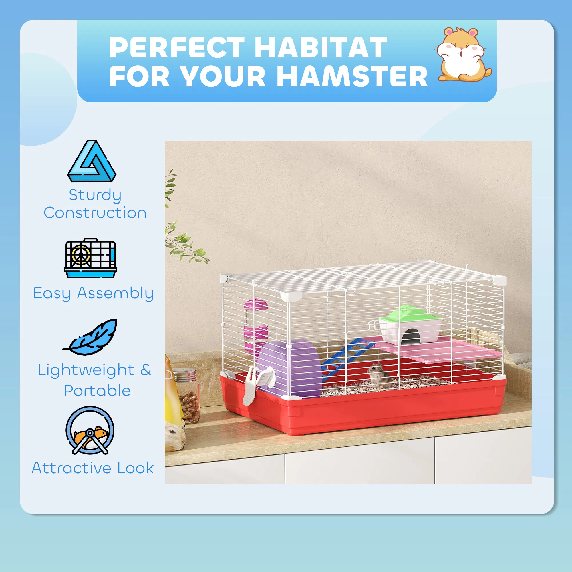 18.5'' Hamster Cage with Exercise Wheel and Water Bottle Dishes, Rat House and Habitats 2 Storey Design, Red — image 6