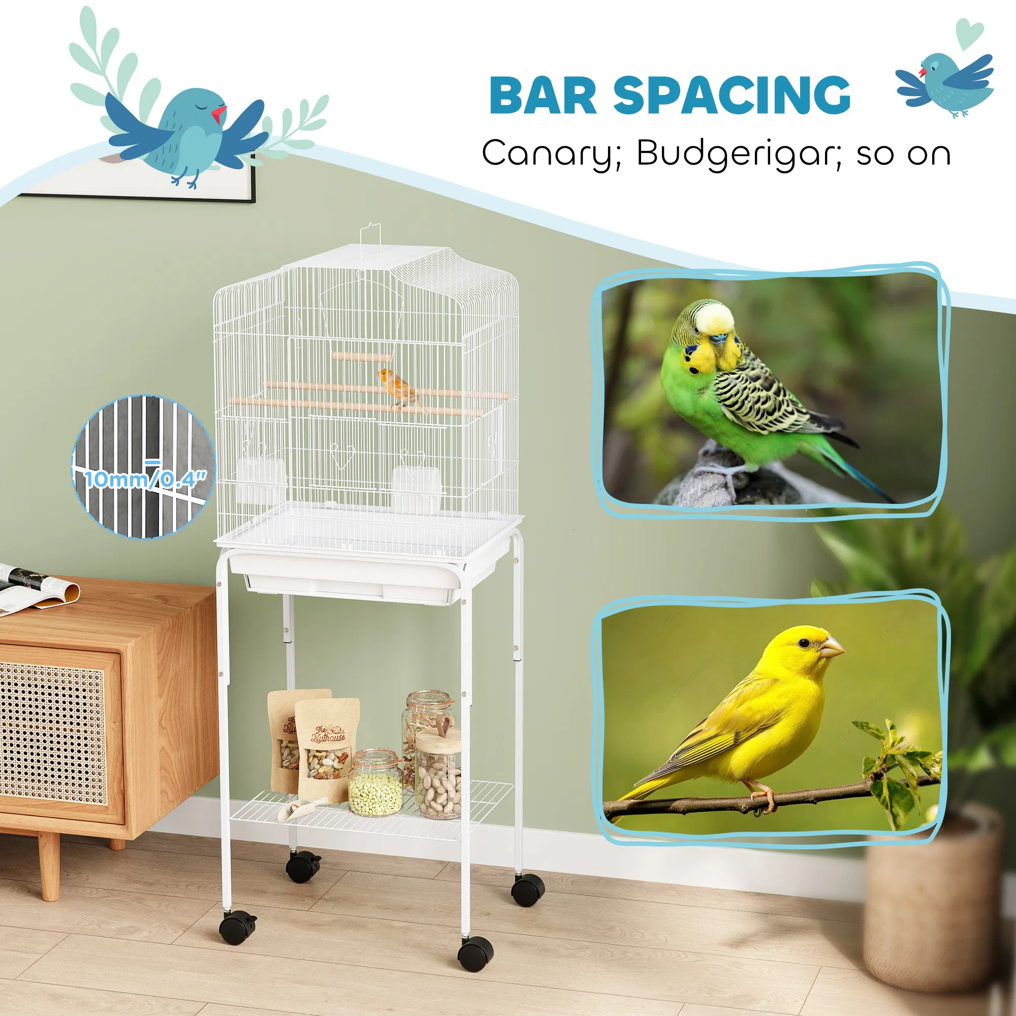 49" Rolling Bird Cage Cockatoo House Play Top Finch Pet Supply with Storage Shelf, Wheels - White — image 5