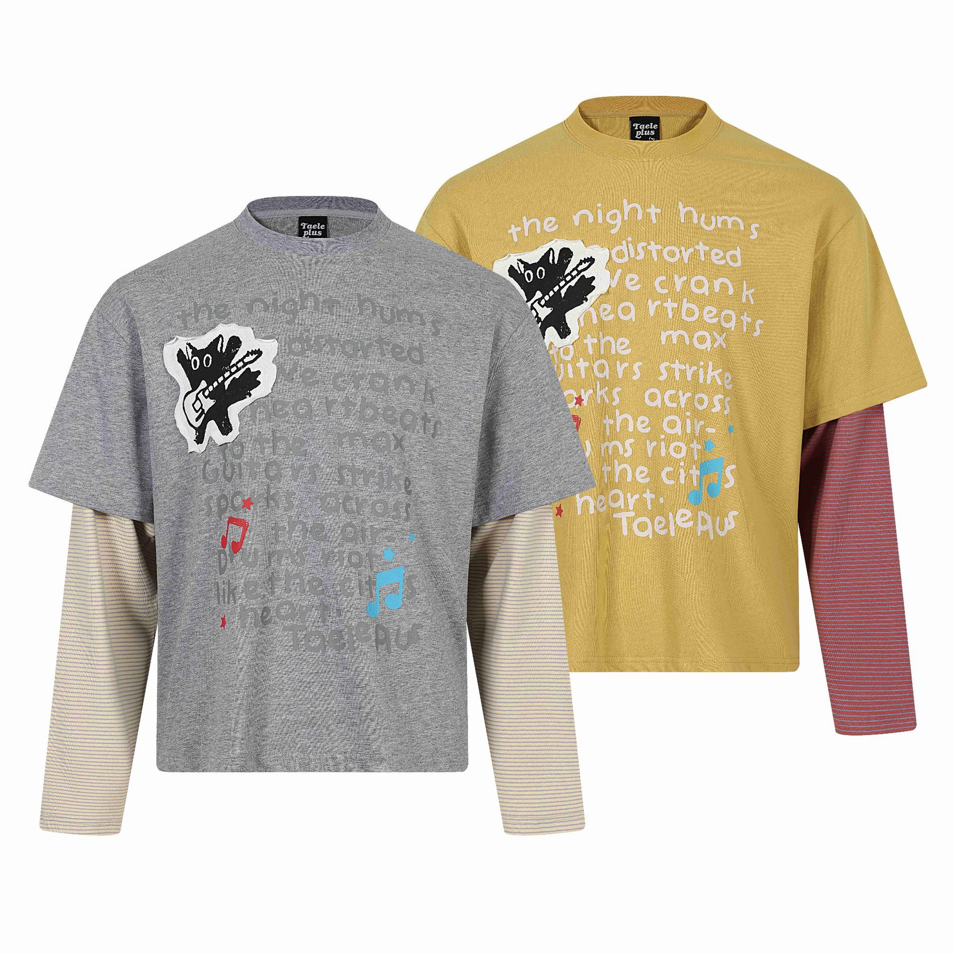 Cat Letter Print Long Sleeve Round Neck Faux Two-Piece T-Shirt — image 6