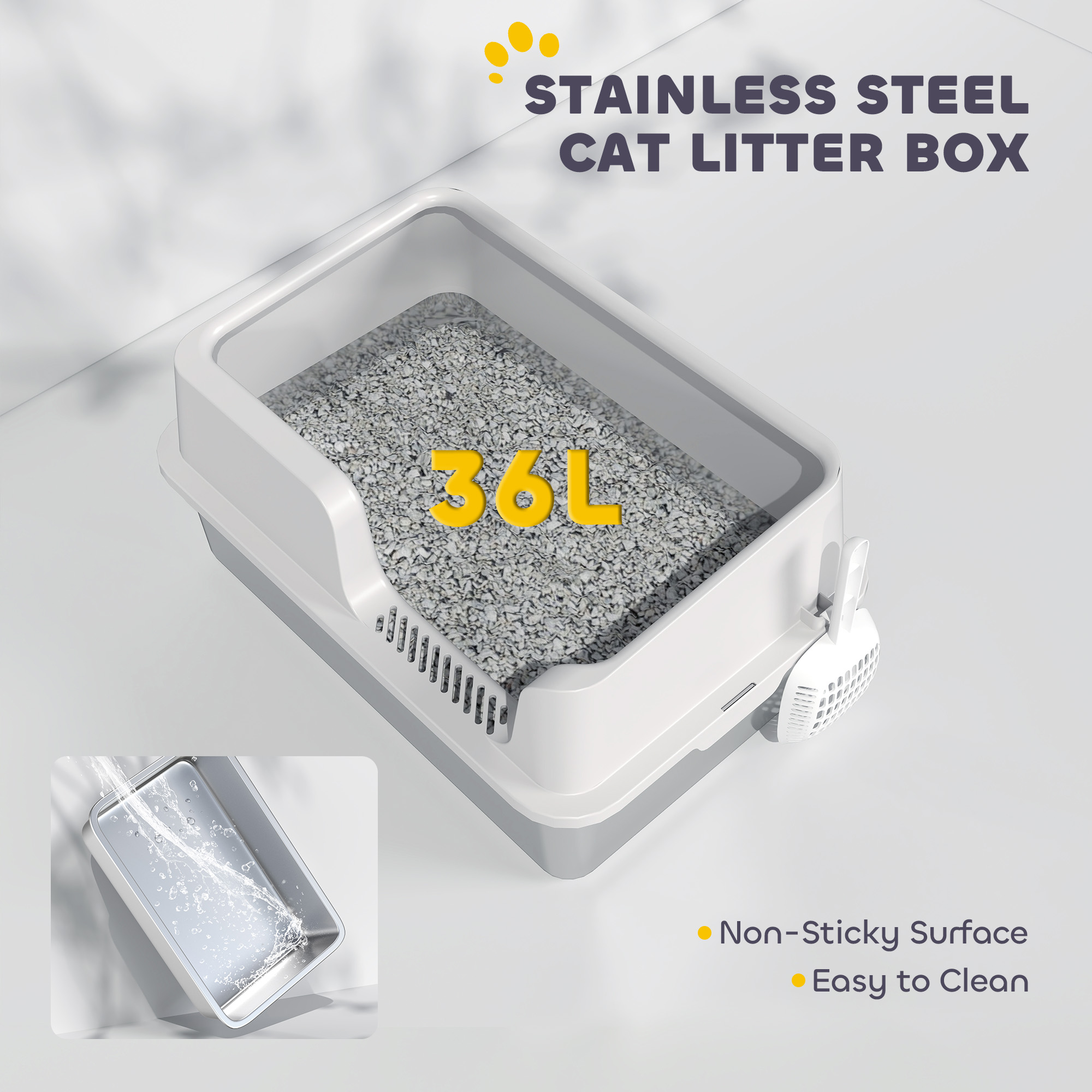 Caja de Arena de Acero Inoxidable con Alto Costado, Cuchara, Limpieza Fácil y Prevención de Pérdidas de Orina, para Gatos Grandes, Gris Claro — imagen 7