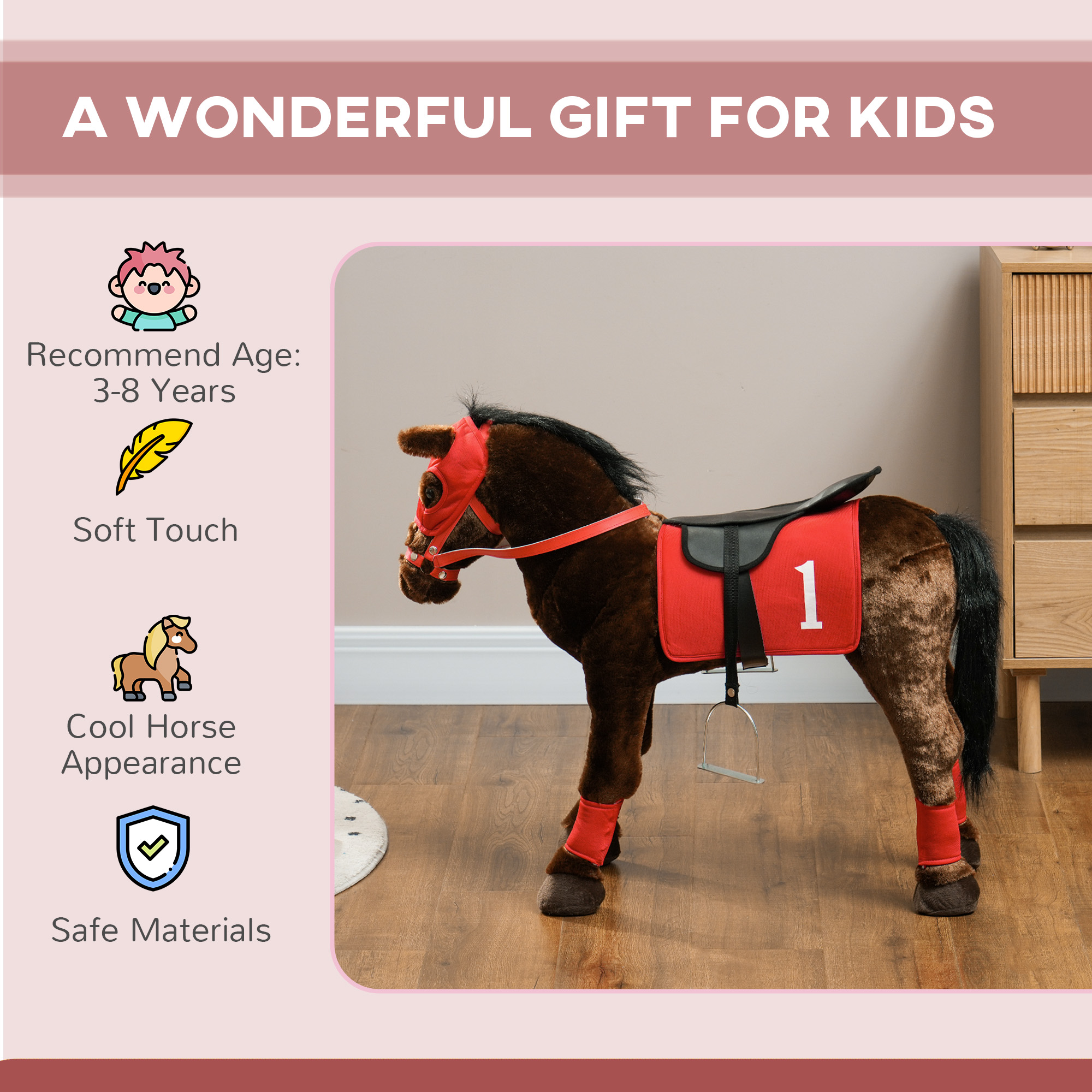 Caballo de montar para niños de 3 a 8 años con sonido de relincho, silla y estribos — imagen 6