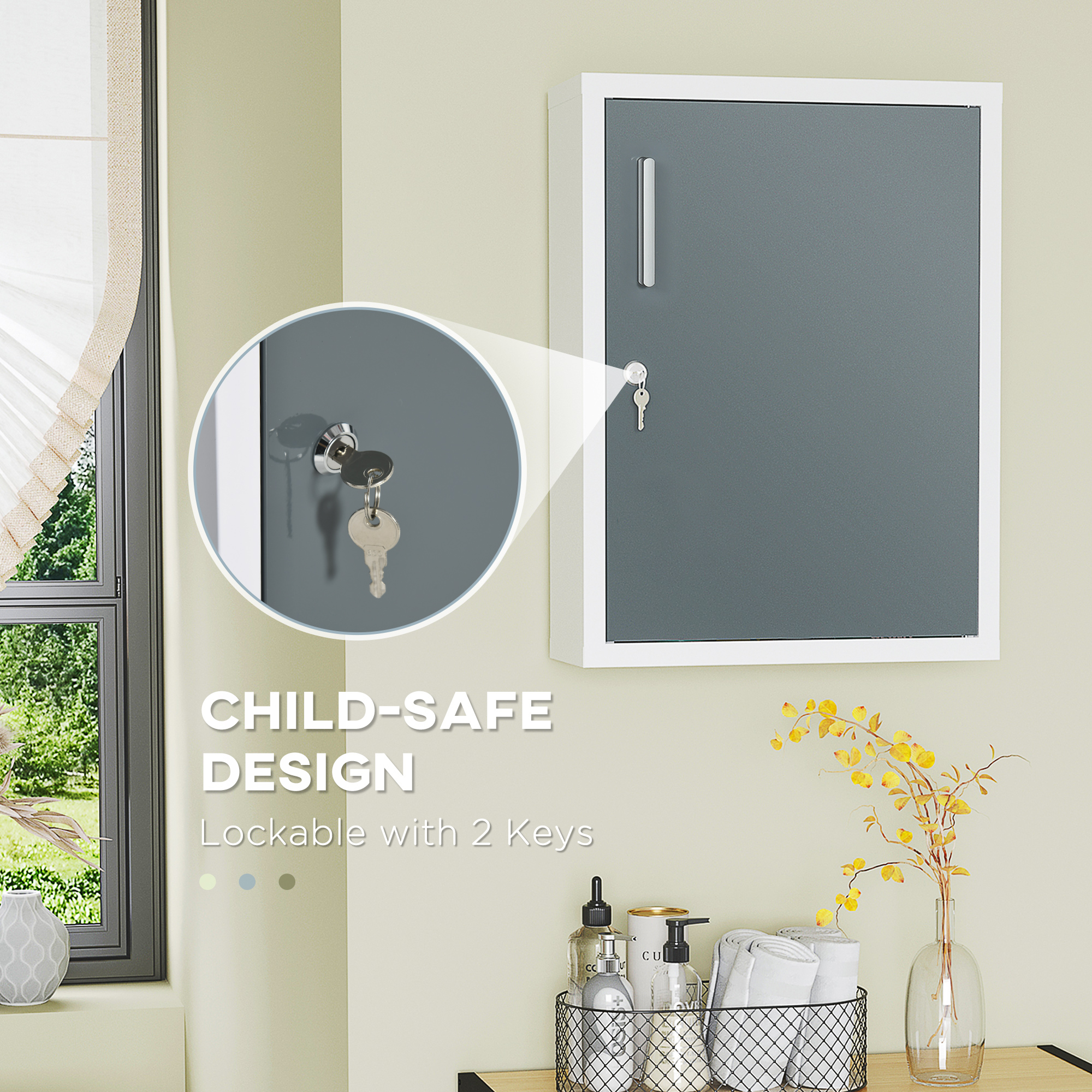 Cajón de Medicamentos para Baño con Estantes Internos y en la Puerta, Armario Seguro con Cerradura para Niños y Mascotas, Primeros Auxilios en Pared, Blanco y Gris — imagen 5
