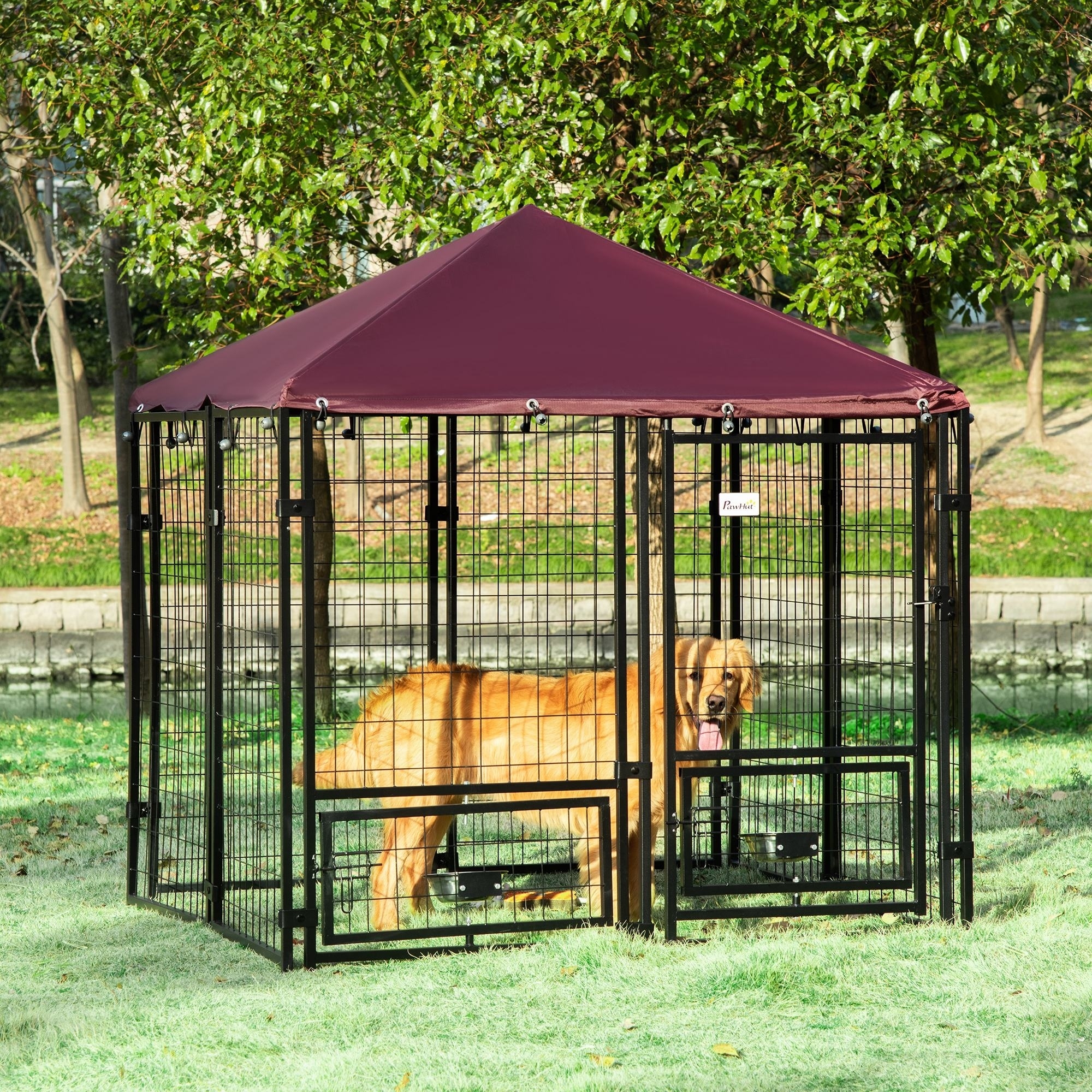 Casa de Perro Exterior con Soportes Giratorios para Comida, Corral para Mascotas con Cubierta Impermeable, 4.6 x 4.6 x 5, Rojo — imagen 8