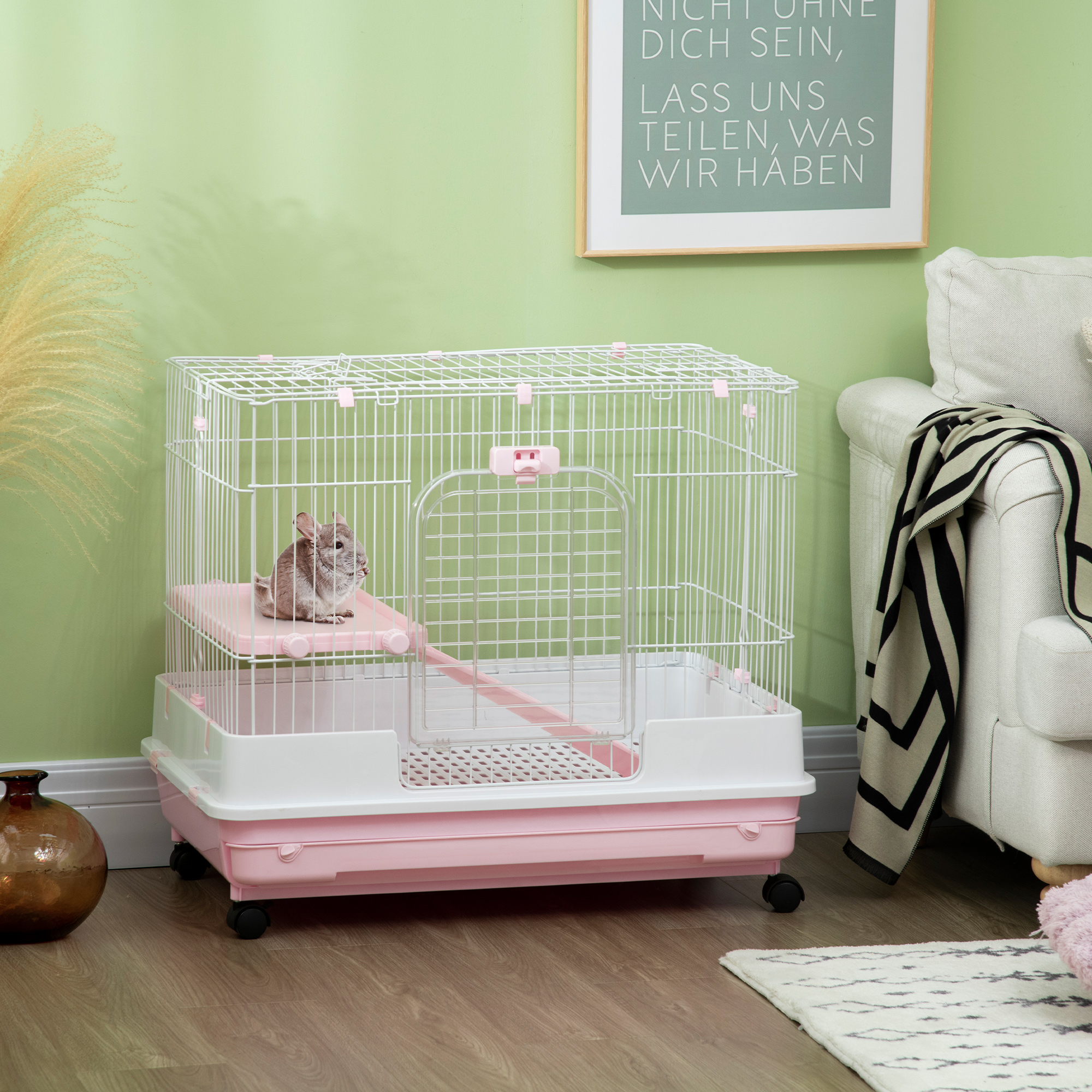 2-Level Small Animal Cage Rabbit Hutch with Wheels, Removable Tray, Platform and Ramp for Bunny, Chinchillas, Ferret, Pink — imagen 8