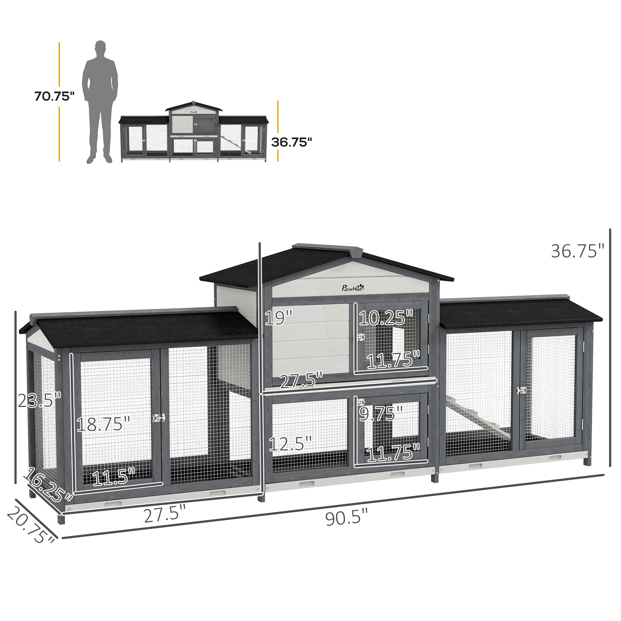 90.5" Wooden Rabbit Hutch Bunny Cage Pet Playpen House Enclosure with Double Side Run Boxes, No Leak Tray, Ramp, for Rabbits, Chickens, Ducks, Guinea Pig and Small Animals, Light Gray — image 8