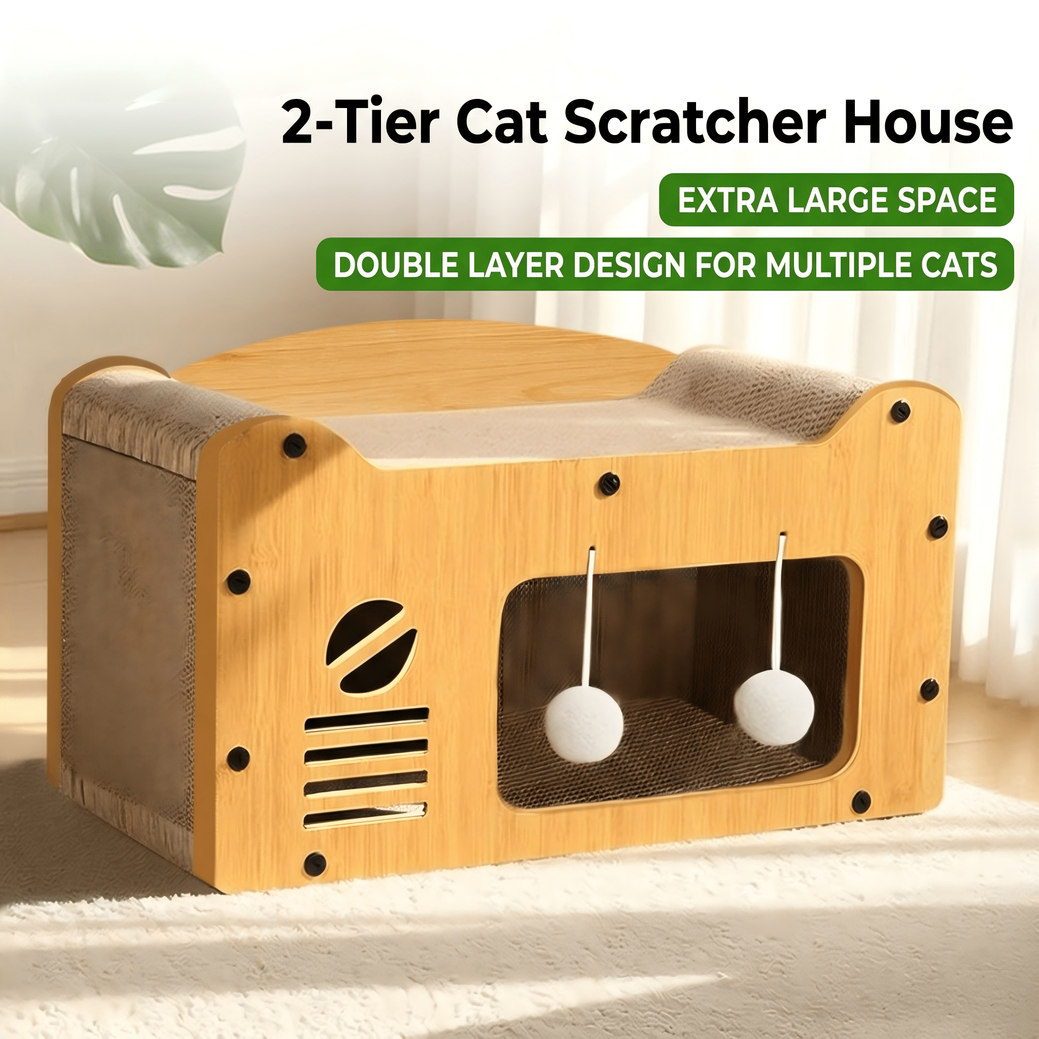 Casa de Gato Multiestilo con Dos Capas: 2 Niveles Grande para Perros y Gatos con Cartón Corrugado, Bolas Suspensas Interactivas y Soporte Cervical Ergonómico para Hogares con Muebles — imagen 2