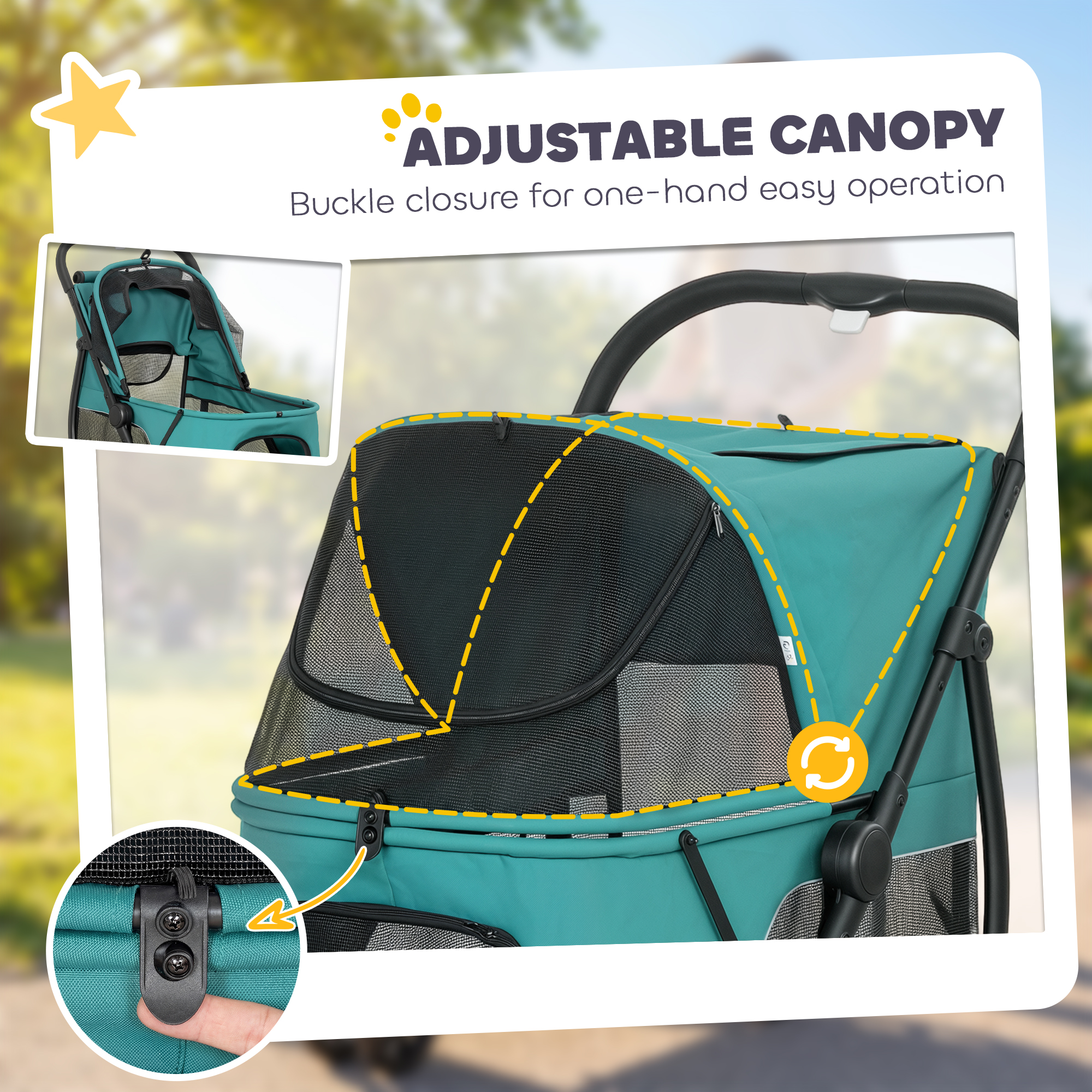 3 Wheel Pet Stroller with Easy One-Click Quick Fold, Mesh Window, Washable Cushion, for Medium Dogs, Dark Green — image 7