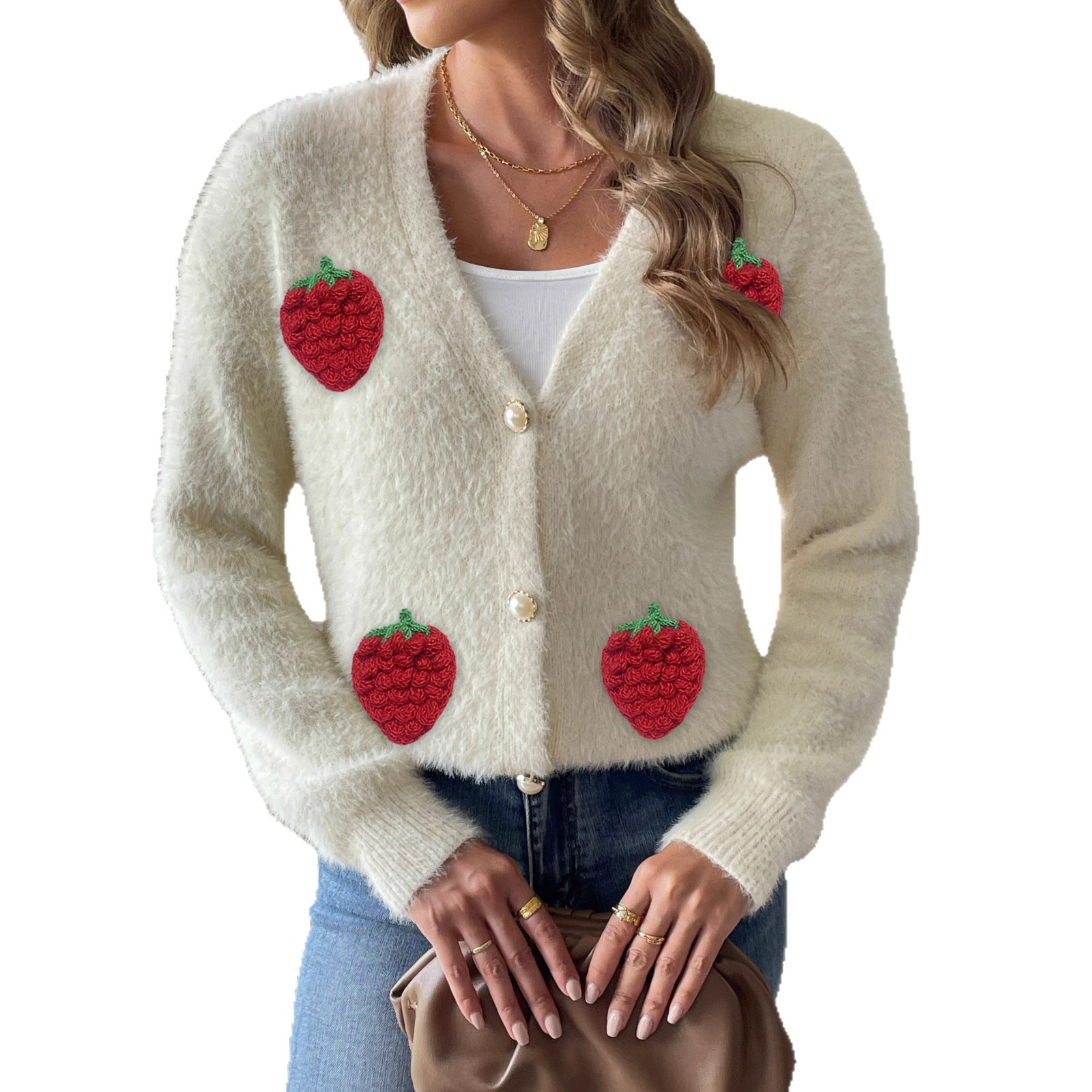 Ladies' Faux Mink Coat Women's Pearl Button Four-Button 3D Embroidery Strawberry Patchwork Knit Cardigan — image 2