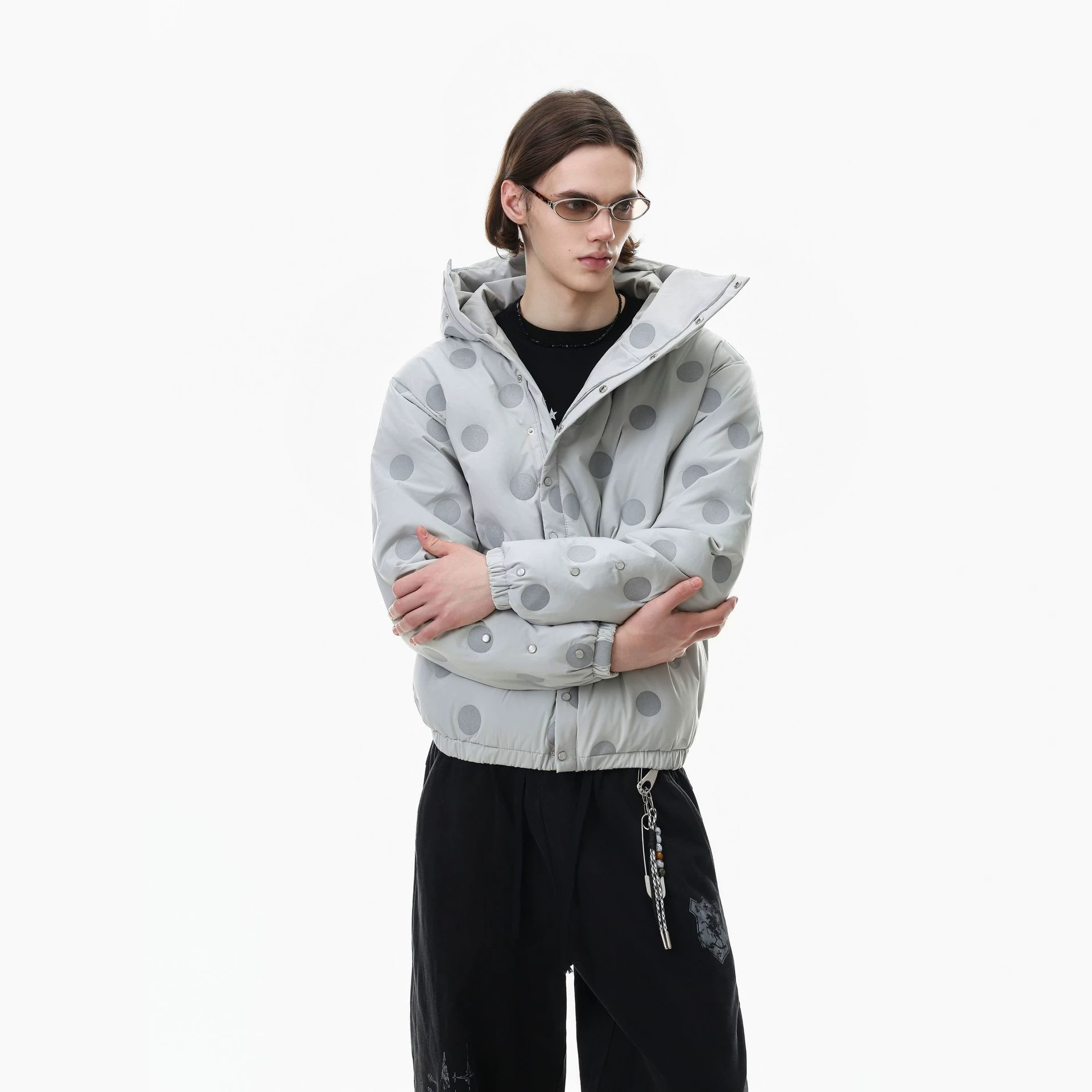 Polka Dot Print White Duck Down Jacket Windproof Snap Button High Collar Hooded Unisex Warm Coat — image 4