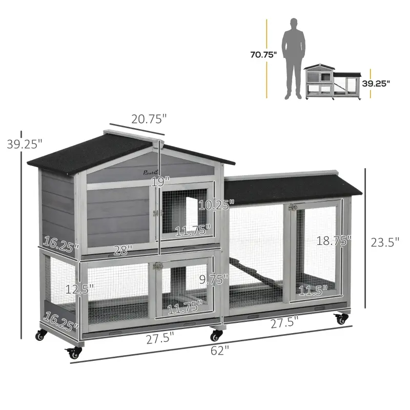 Wooden Mobile Rabbit Hutch With Wheels, Run Box, Slide-out Tray, Ramp — imagen 1