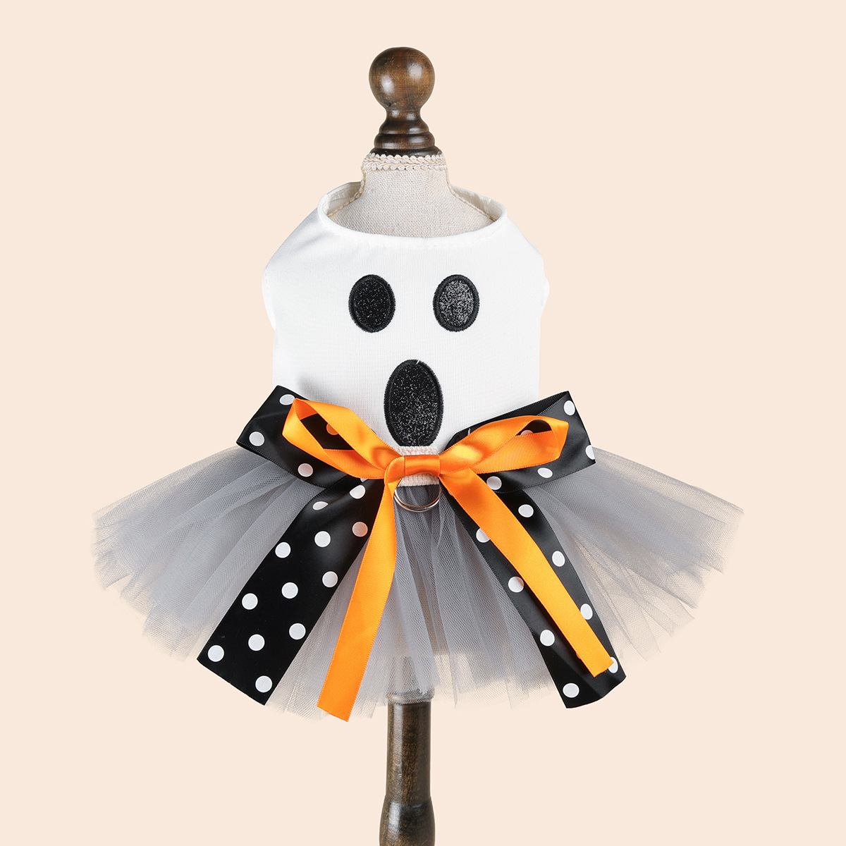 Ghost Face Ghost Polka Dot Bow Halloween Pet Tulle Dress for Maltese, Gray Mesh Festival Costume — image 6