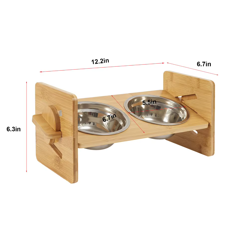 Elevated Dog Bowls with Stand Raised Dog Bowls 4 Heights Adjustable Dog Bowls Bamboo Dog Feeding Station 2 Stainless Steel Bowls — image 7