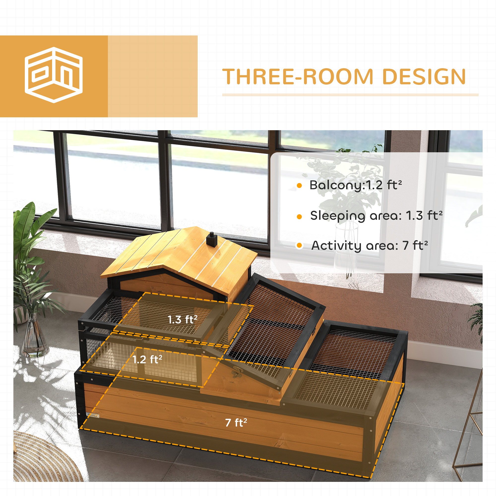Casa Hábitat para Tortugas de 3 Habitaciones con Balcón y 2 Pisos, 44" x 25.5" x 25", Amarillo — imagen 3