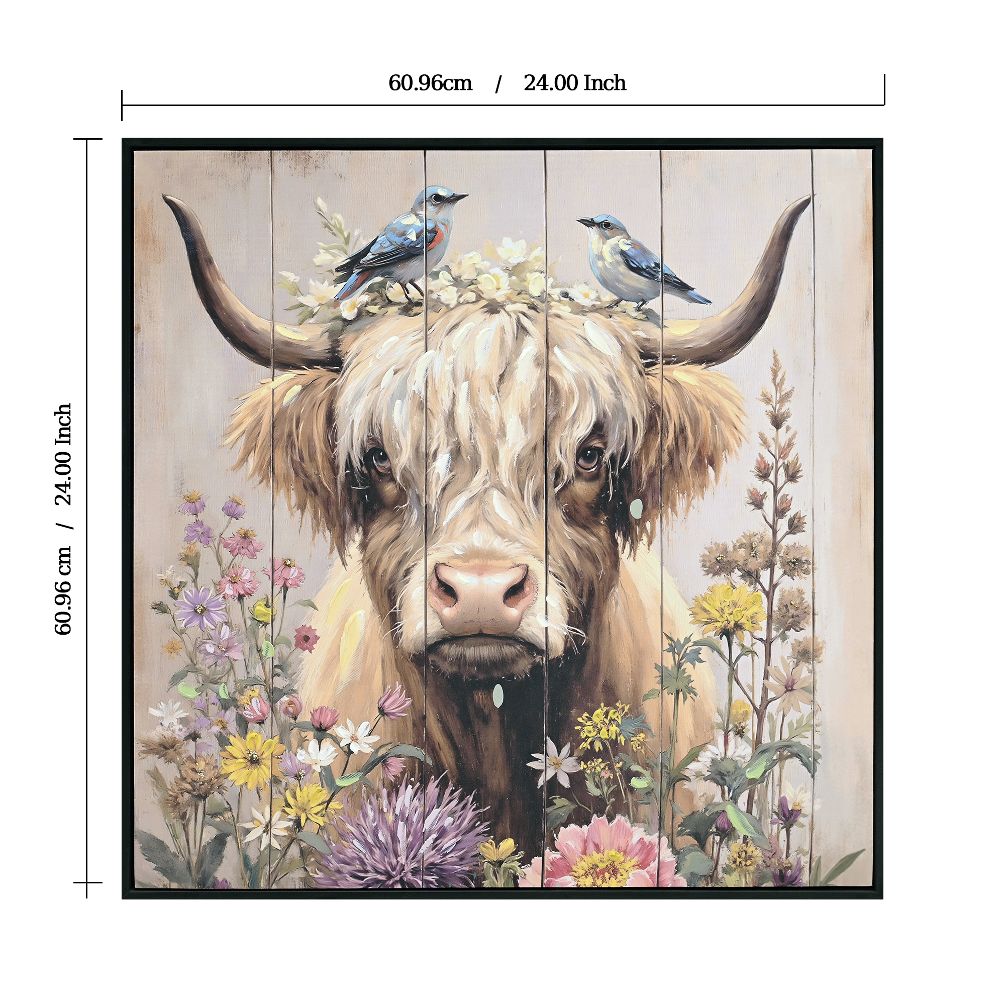 Farmhouse Highland Cow Wall Decor In Neutral Colour Rustic Cow And Chrysanthemum Picture Canvas Art Print, Gift For Bathroom Or Kitchen, Ideal Animal Artwork For Living Room 24x24INCH — image 5