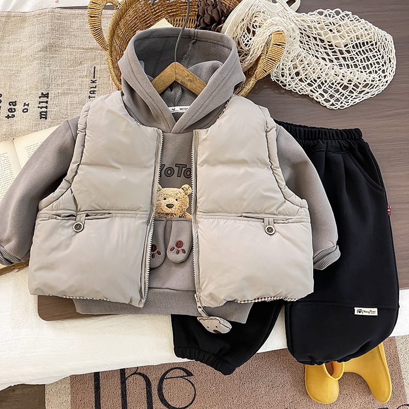 Boys Autumn Winter Fleece-Lined Vest Set, Thickened Bear Pendant Three-Piece Kids Outwear — image 8