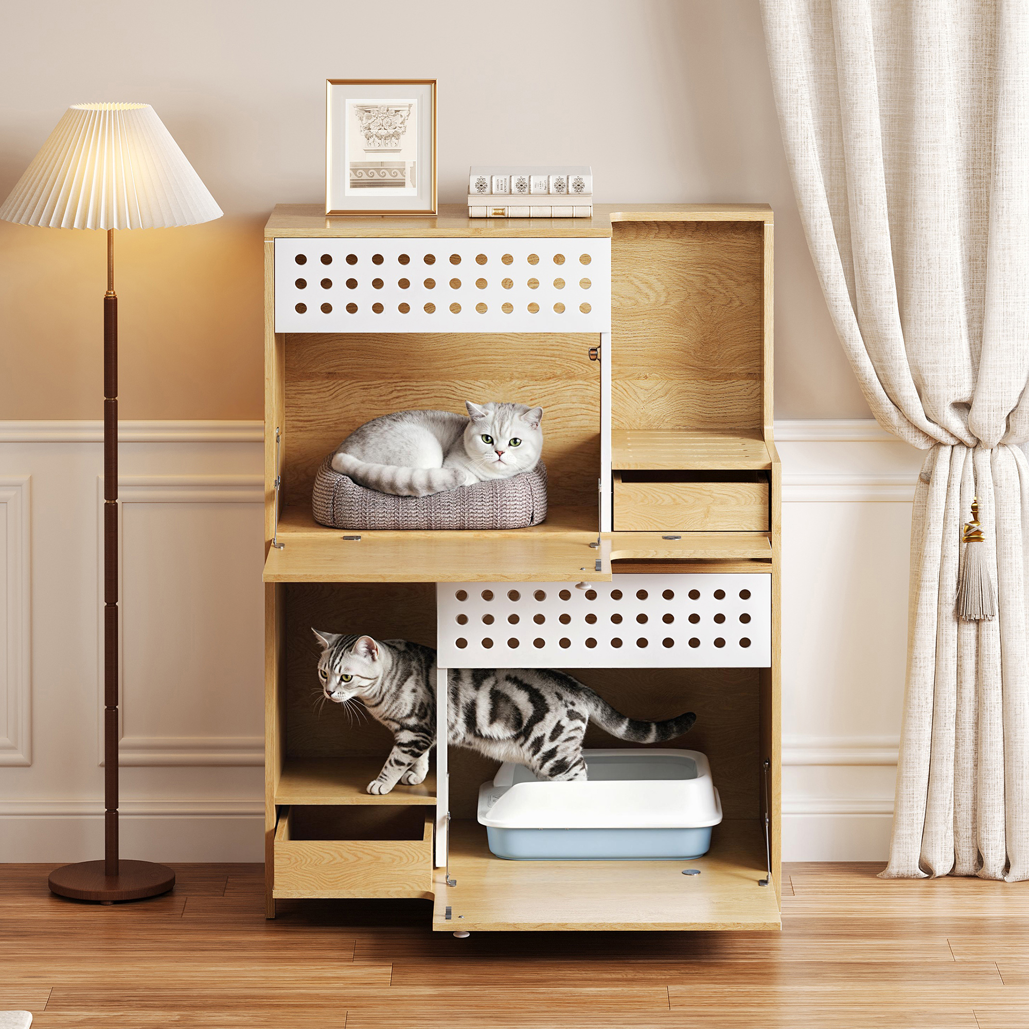 Mueble 2 EN 1 para Gatos Moderno, Encierro de Caja de Arena y Mesa Lateral con Almacenamiento, para 2 Gatos Pequeños-Medios - NATURAL — imagen 5