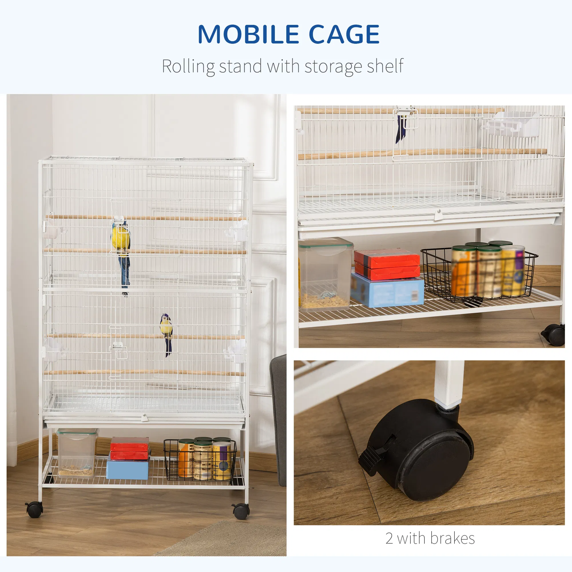 52" Large Rolling Steel Bird Cage Bird House with Rolling Stand, Storage Shelf, Wood Perch, Food Container, White — image 5