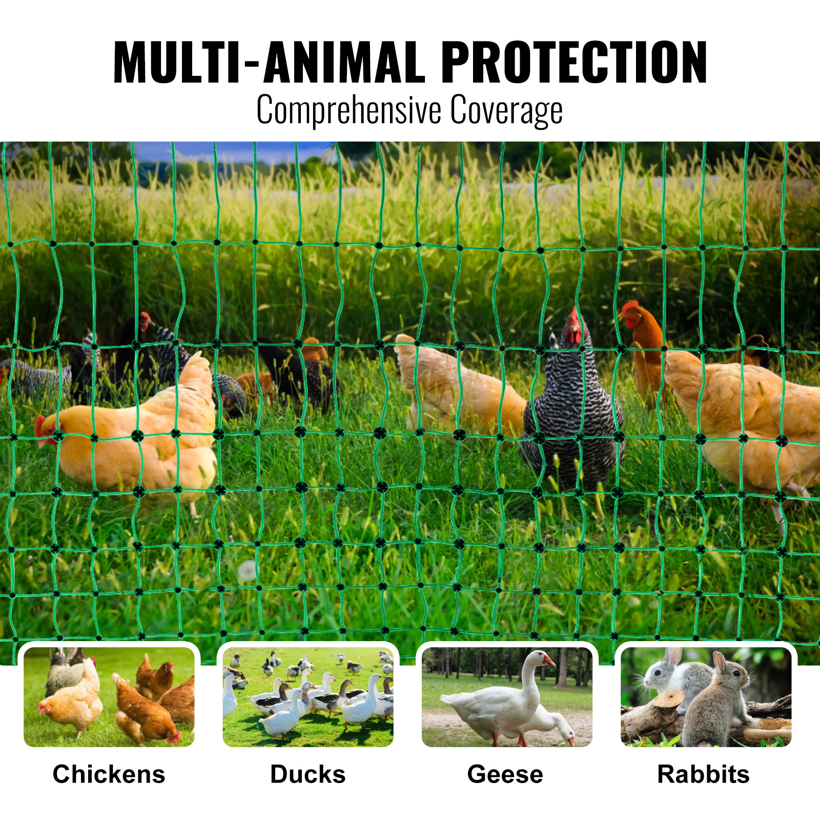 Red de electricidad VEVOR para cercas, 48"A x 168"L, kit con postes y estacas doblemente punzadas, malla portátil de PE para gallinas, patos, gansos, conejos, ideal para jardines traseros, granjas y ranchos — imagen 6
