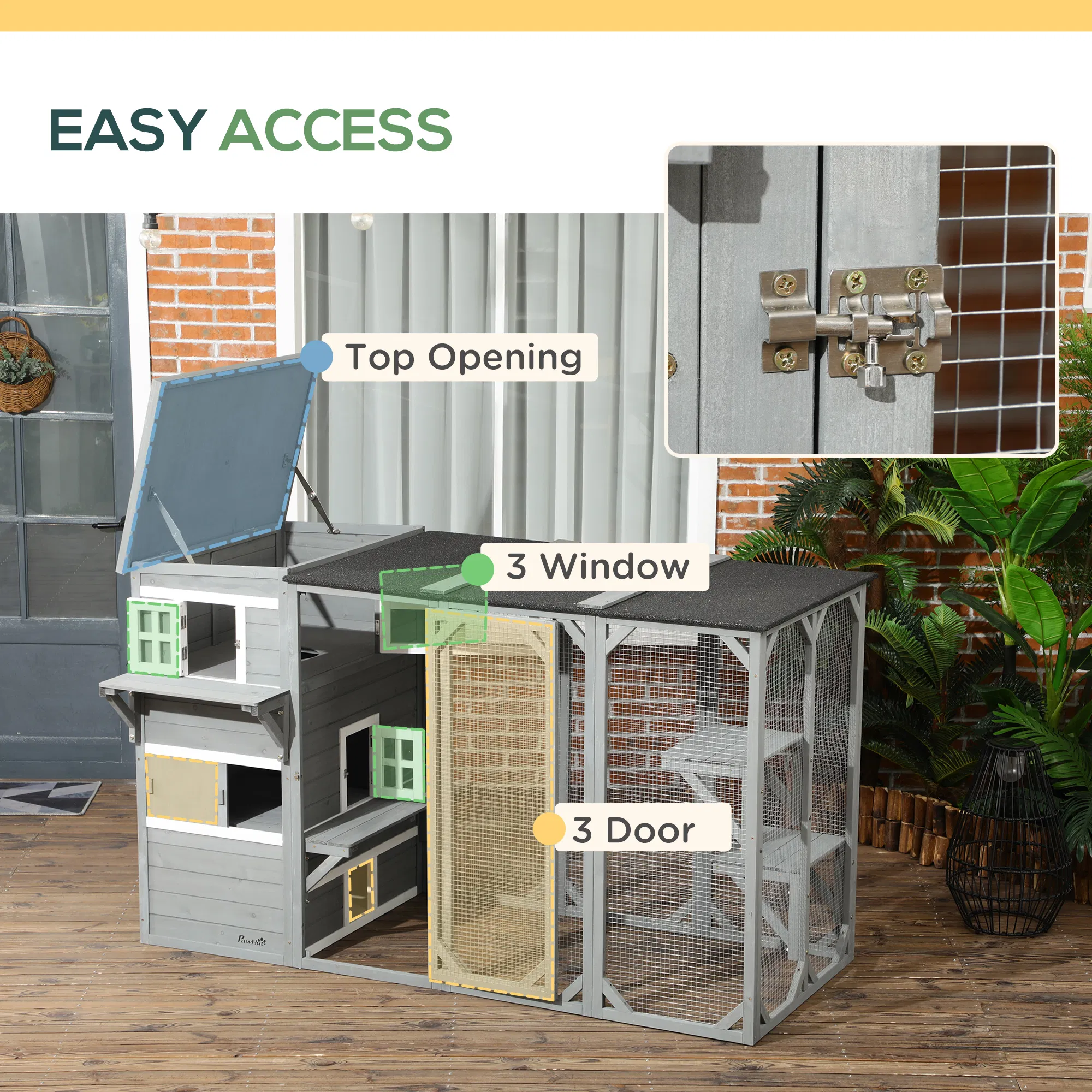 Wooden Cat Catio, 76"L Walk in Outdoor Cat House with Asphalt Roof, Platforms, Lockable Doors, 3-tier Resting Condo, Observation Window, for 2-3 Cats, Light Grey — image 5