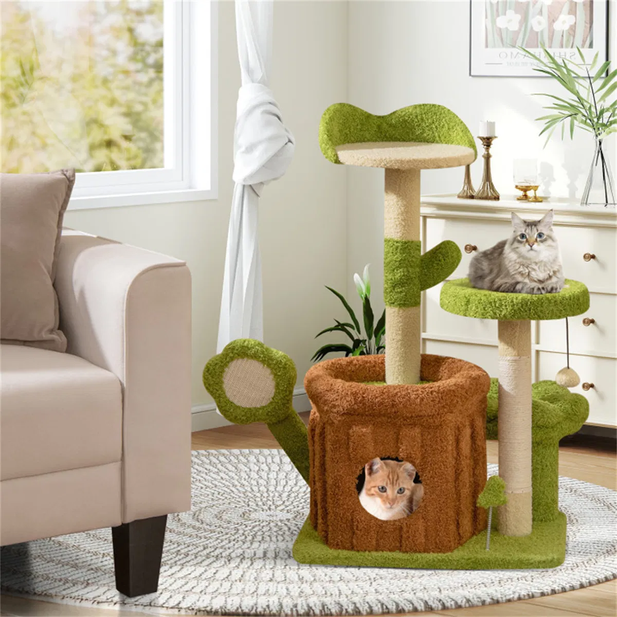 36" Jungle Theme Cat Tree - Washable Peach Skin, Sisal Scratching Post & Interactive Toys — image 2