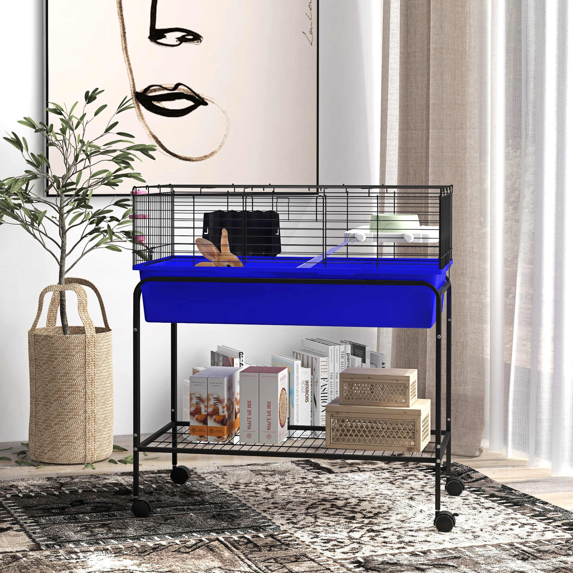 Caja de Animales Pequeños de Dos Niveles, Removible del Soporte, Hábitat para Mascotas con Estante y Ruedas, 33" x 18.5" x 35", Azul — imagen 7