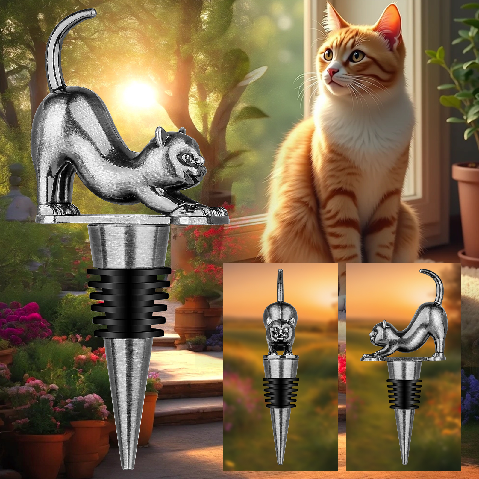 Conjunto de Tapones de Vino con Forma de Gato con Luster Metálico, Regalo en Caja de Presentación para Enthusiastas del Vino — imagen 5