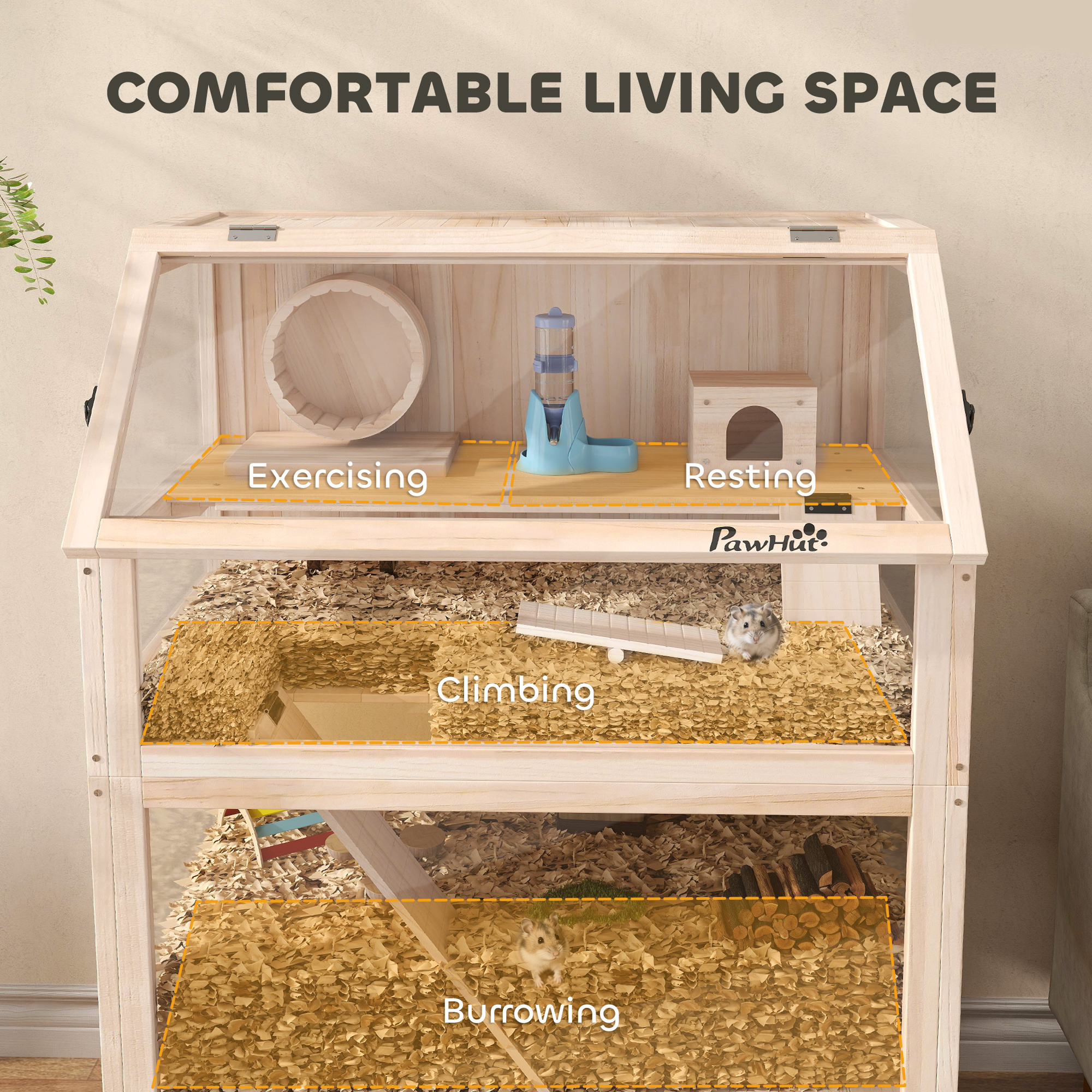 Caja de Madera para Hámsters con Piso Inferior Desmontable, Estante de Almacenamiento, Cueva, Balsa, Rueda de Ejercicio y Rampas para Hámsters Enano — imagen 8