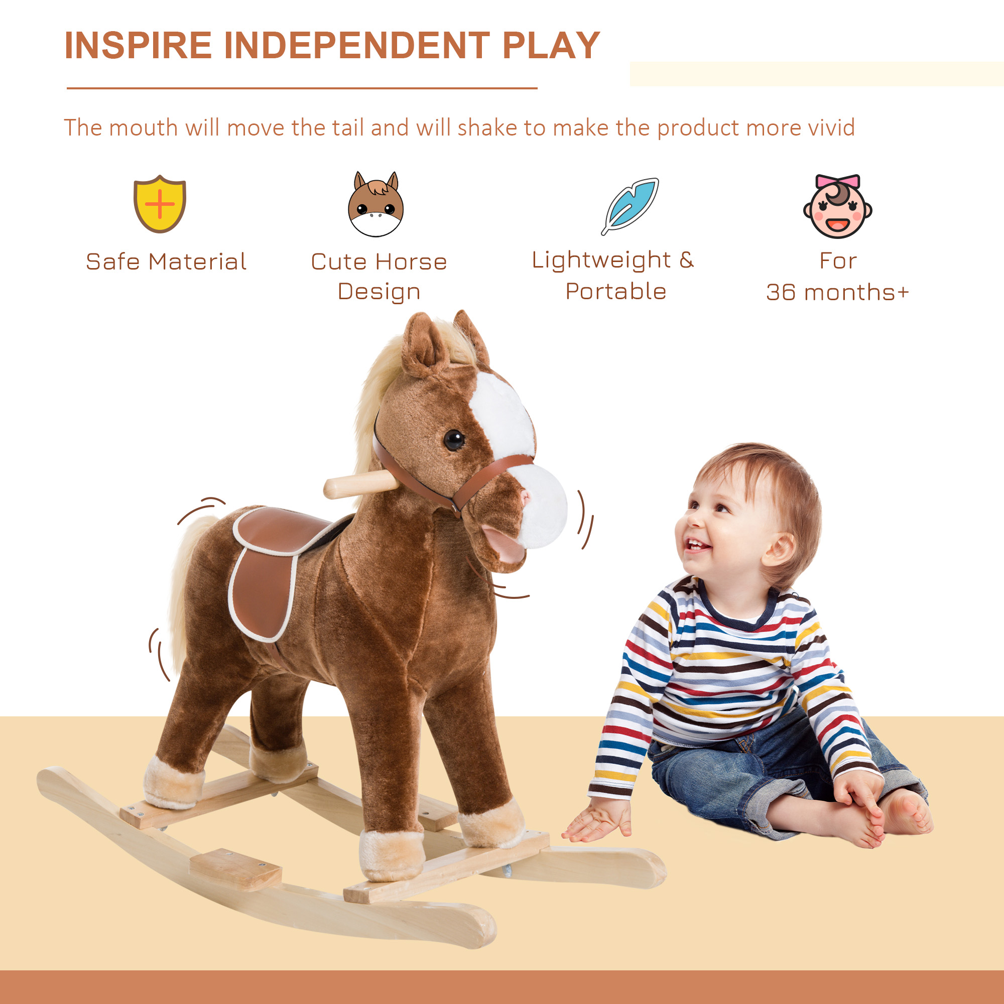 Kids Ride on Rocking Horse Toddler Plush Toy with Realistic Sounds for 3 Years Old Children - Brown — image 7