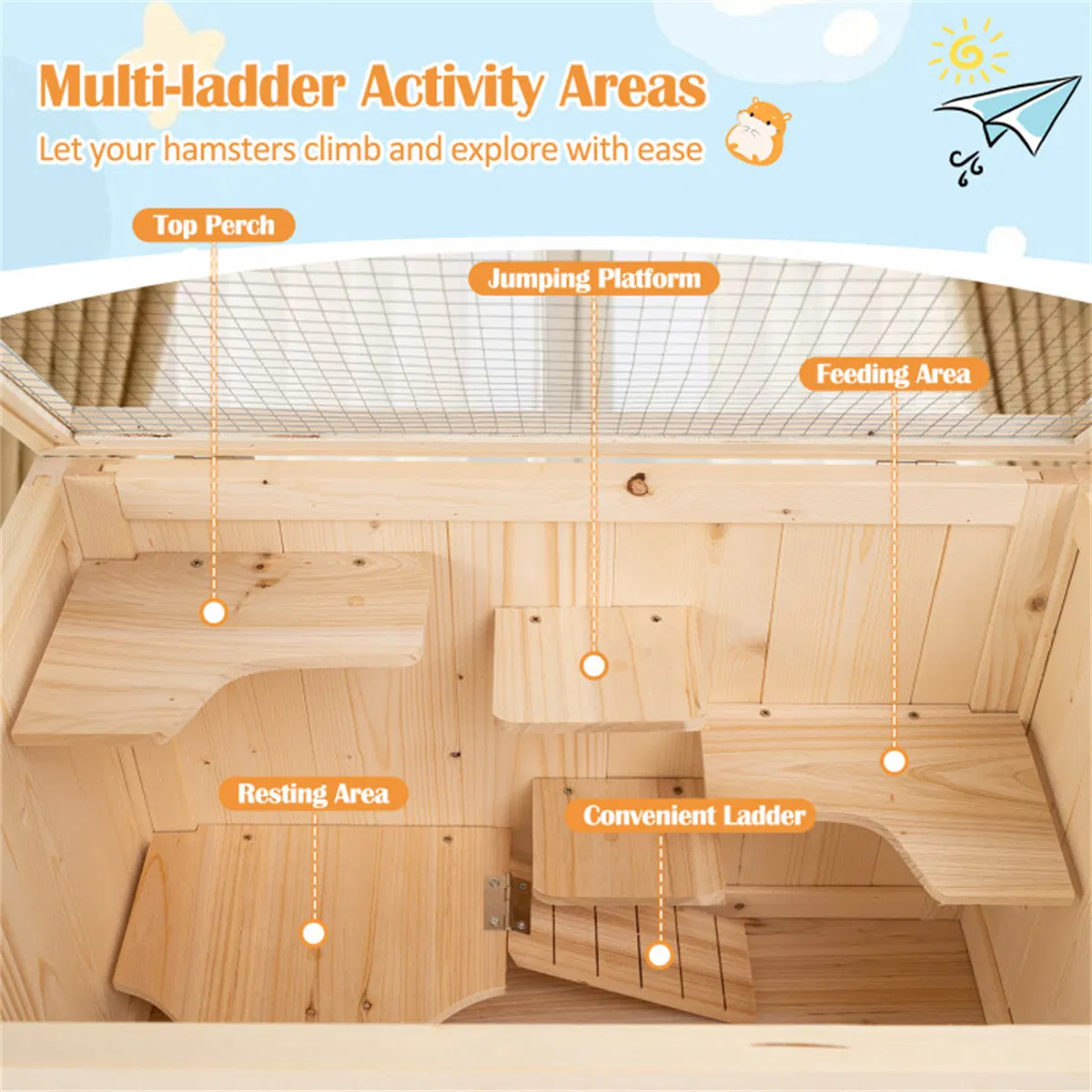 31.5 " Fir Wood Hamster Cage with Flip Mesh Roof, Multi-Level Activity Areas & Bottom Storage Shelf — image 7