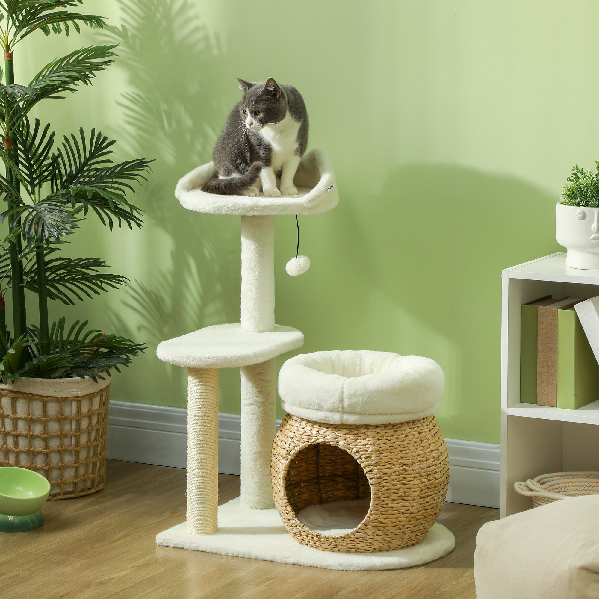 31" Cat Tree Tower with Scratching Posts, Cat Condo, Beds, Platform and Toy Ball for Indoor Cats, Cream White — image 8