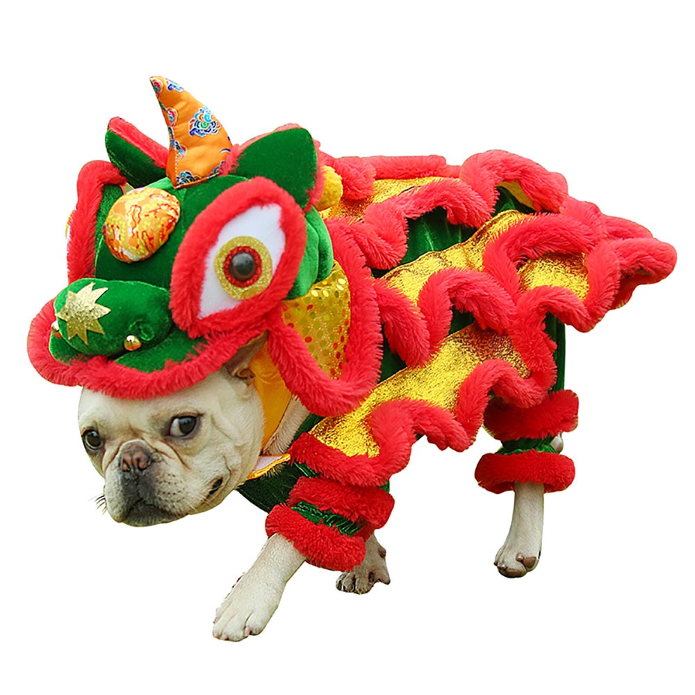 Funny Pet Cat Dog Costume Clothes Chinese Lion Dance Suit For French Bulldog Small Medium Dogs Corgi New Year Dress Up Apparel — image 2