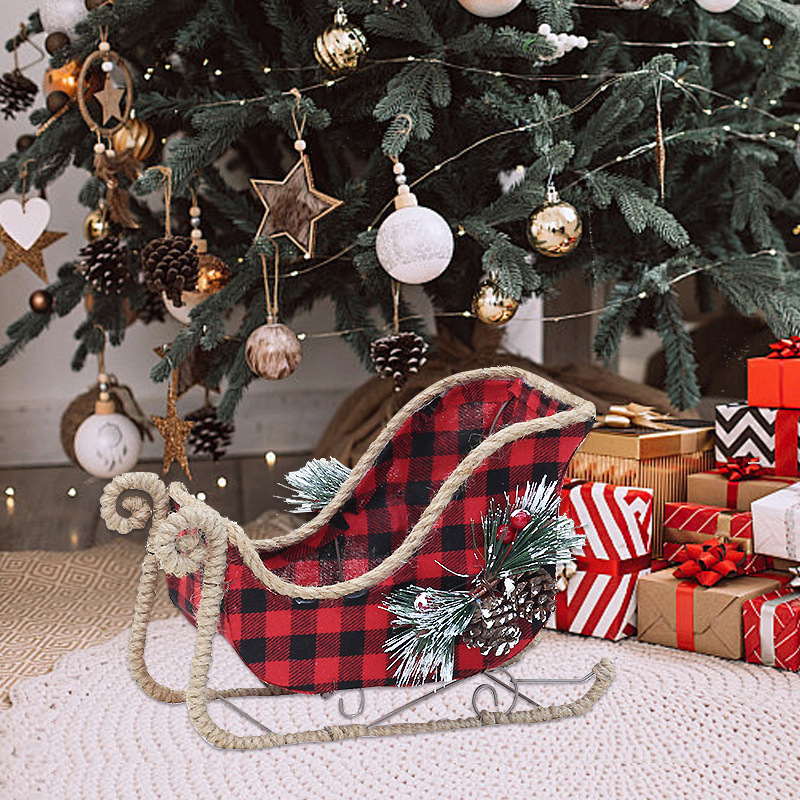 Christmas Decorative Iron Art Christmas Tree Branches Red and Black Plaid Fabric Decoration Reindeer Pulling Carriage Ornament — image 4