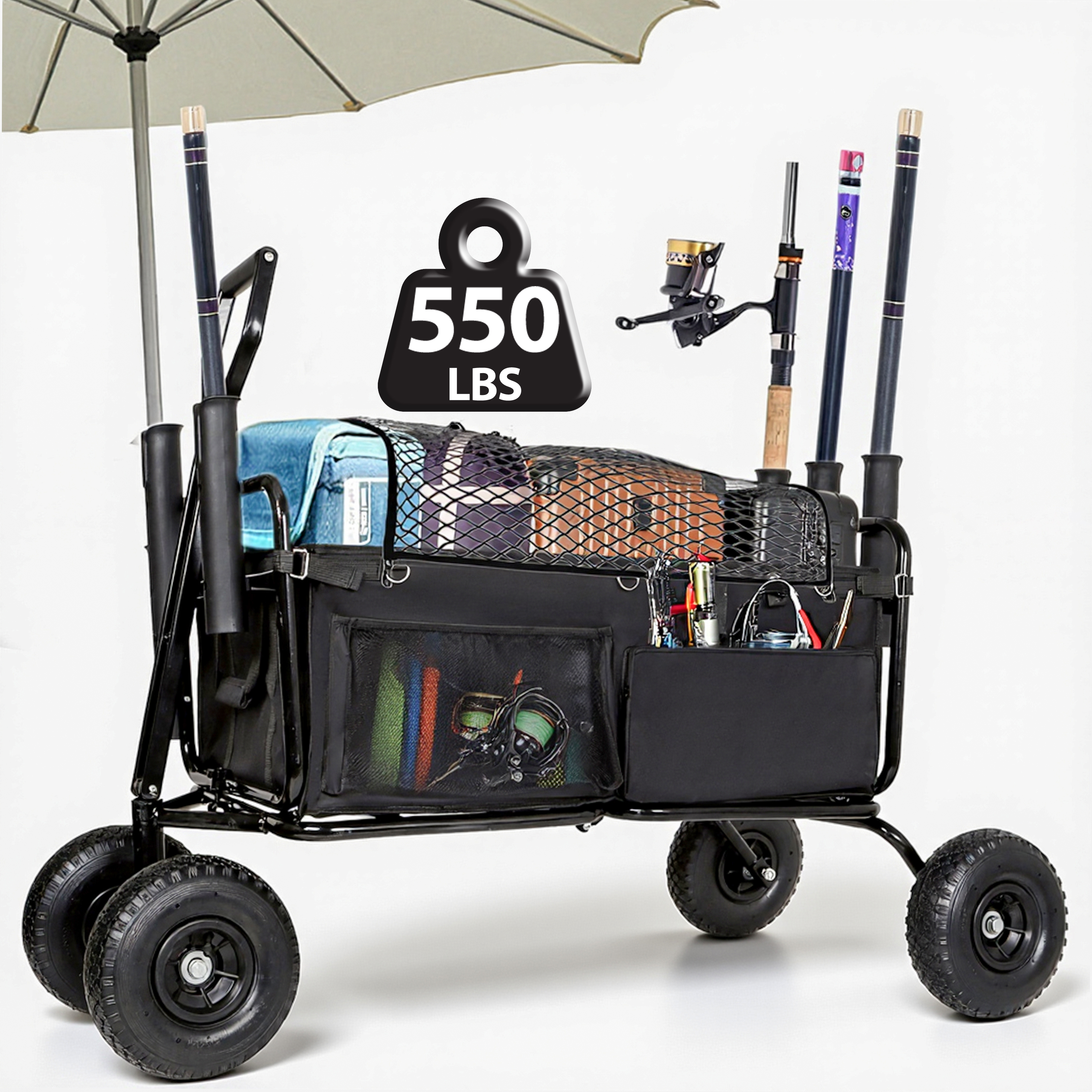 Carro de Pesca Carrito de Playa Carretón Colapsable 9,85'' Ruedas Todo Terreno para Arena Resistente al Uso Intenso con Soportes para Cañas Soporte para Sombrilla y Bolsillos de Almacenamiento 550lb Capacidad Grande Negro — imagen 2