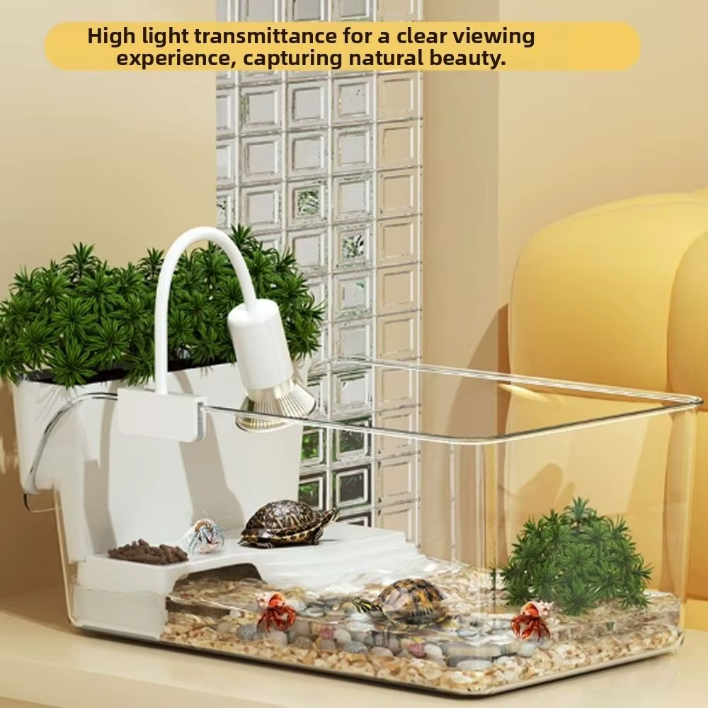 Transparent Turtle Tank with Basking Area Ecological Landscaping Landscape Turtle Tank Sun Climbing Reptile Terrarium Habitat — image 3