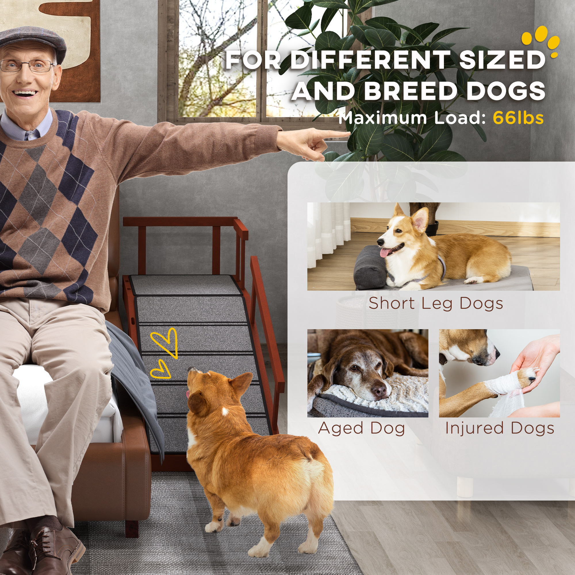 Paso de Madera para Perros con Guardarrallas Removibles, Superficie Antideslizante, 49" de Largo, Marrón — imagen 3