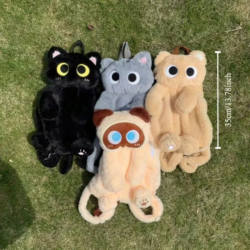 Black Cat Backpacks Big Eyes Kitten Doll Plush Kawaii Stuffed Animals Shoulder Bag Large-capacity Soft Toy Fashion Crossbody Bag — imagen 3
