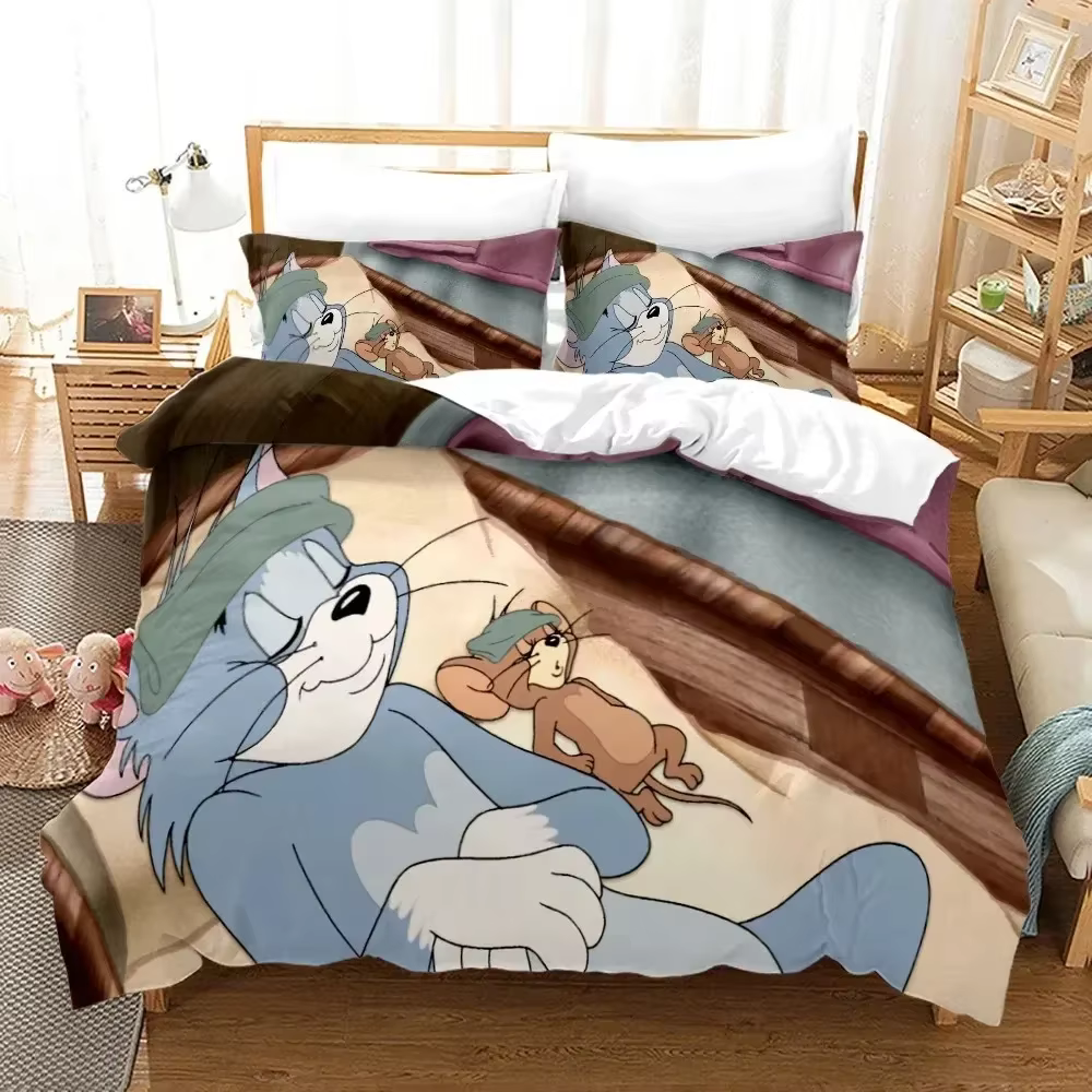 Cartoon T-Tom Mouse and Cat Bedding Set J-Jerry Duvet Cover Bed Set Quilt Cover Pillowcase Comforter king Queen Size Boys Adult — image 2
