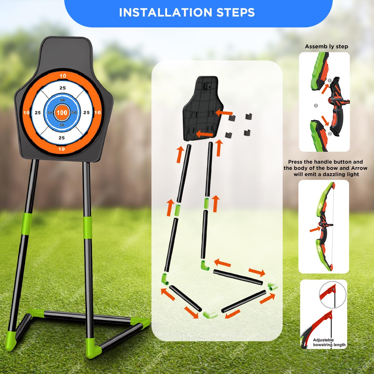 VATOS 2 Pack Bow And Arrow Toy With LED Light-4 In 1 Archery & Dart Game Set With 20 Suction Cup Arrows, Shark Glow Target & Dart Board - Indoor Outdoor Birthday Gift For Kids Boys Girls Ages 5-12 — image 3
