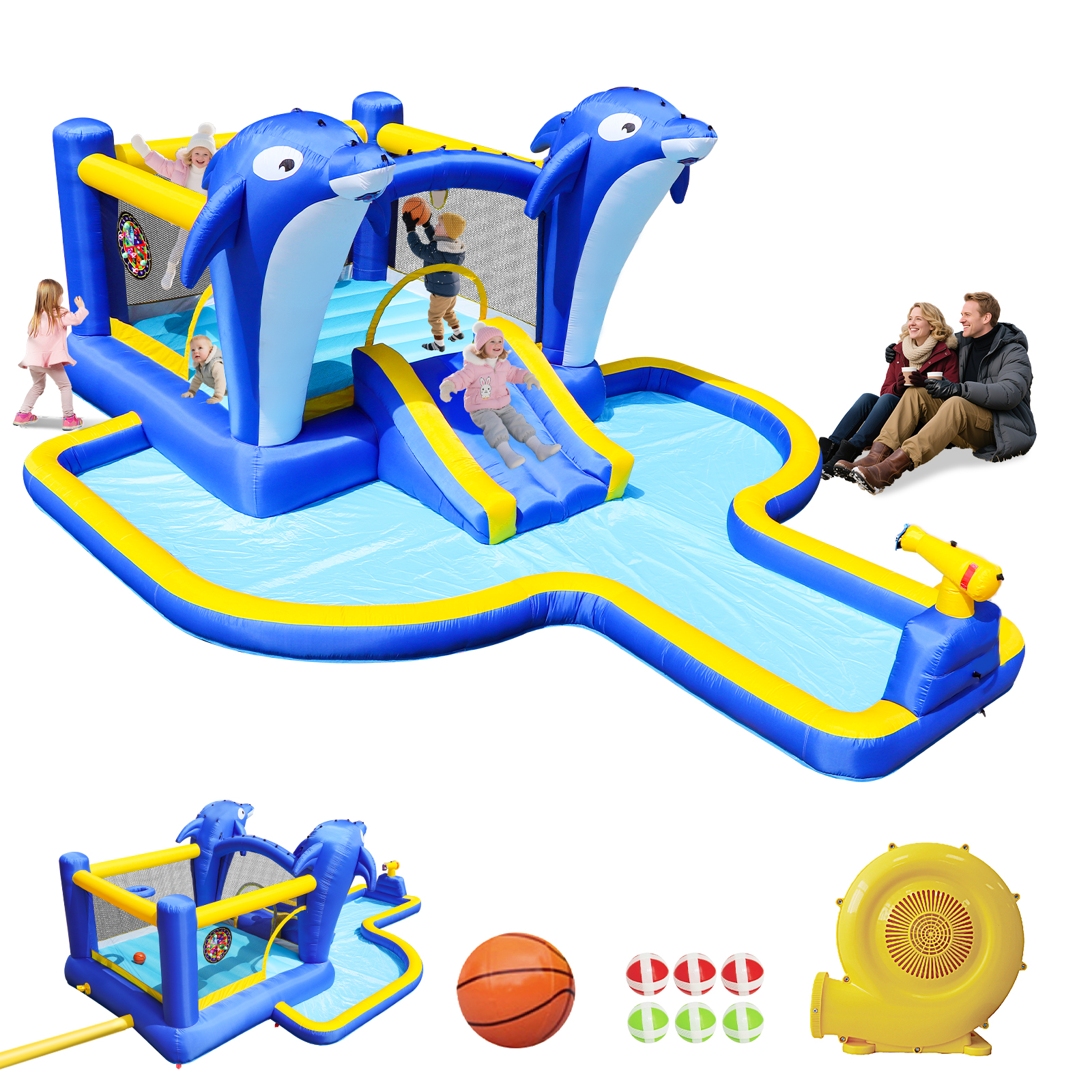 8 en 1 Parque de agua inflable con tobogán, trampolín y casa de bolas para jardín o patio exterior con delfín regador & juegos de blanco & pistola de agua & balón de básquetbol — imagen 1