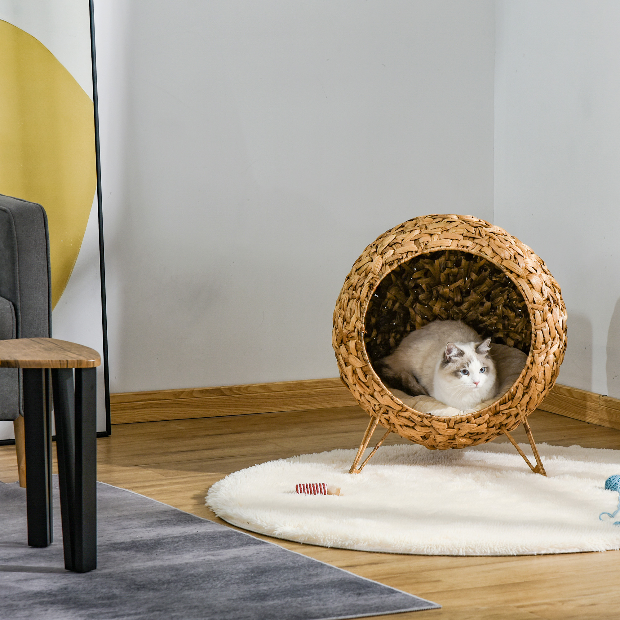 Cama para Gatos Tejida de 20.5", Casa Elevada para Gatitos Tejida a Mano con Hoja de Banano Trenzada, con Cojín, Natural — imagen 8