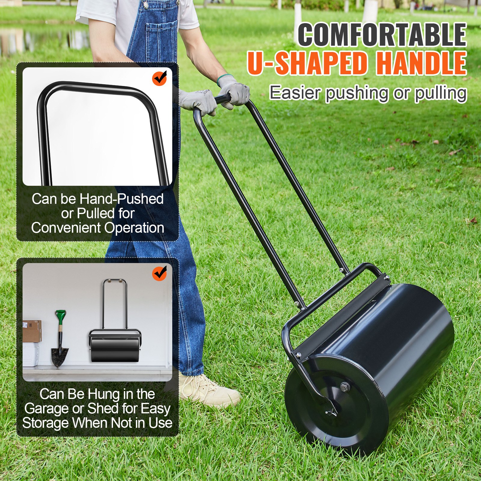 Rodillo de Césped, 13 Galones de Arena/Agua, Rodillo de Hierro con Conector Fácil y Manija Ergonómica en forma de U para empujar y arrastrar con comodidad, para césped, jardín, granja, parque, negro — imagen 5