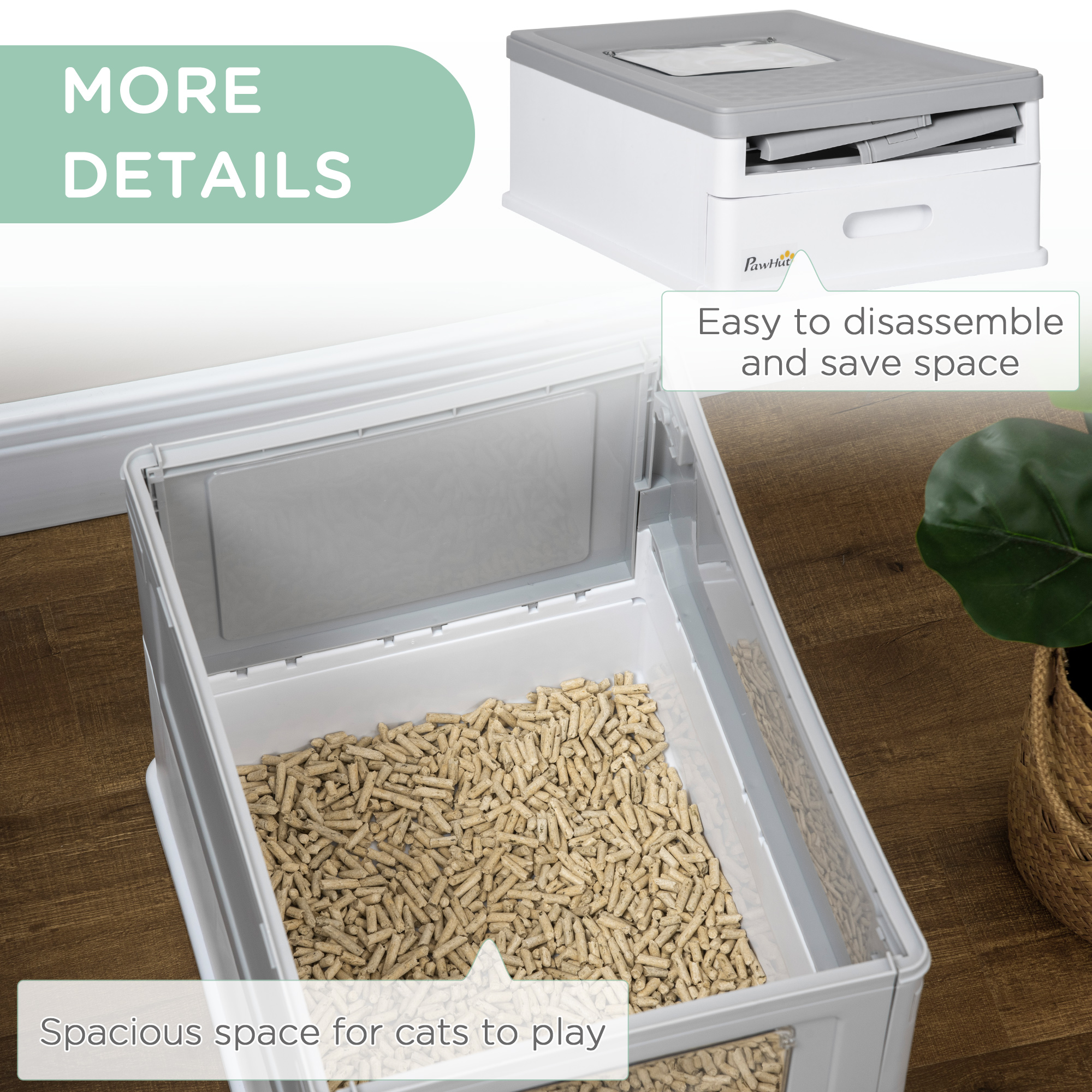 Fully Enclosed Cat Litter Box with Front Entry and Top Exit, Plastic, Gray & White — imagen 8