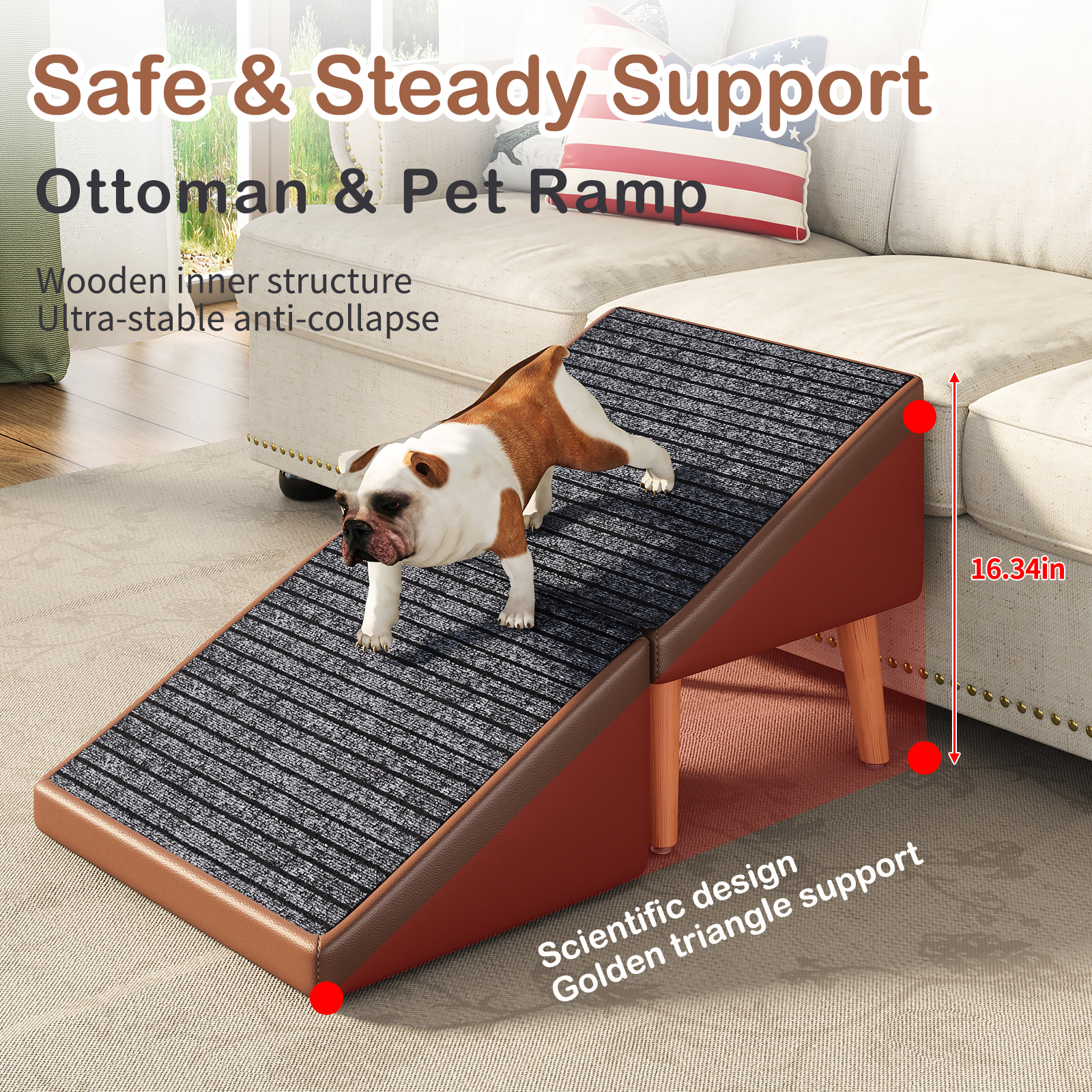 3-in-1 Dog Ramp 18.89"×17.91"×20.08" with Storage – Pet Stairs for Senior & Injured Dogs & Cats, Hidden Storage Footstool, Ottoman Anti-Slip, Supports 265 lbs for Beds & Sofas (BROWN Color) — image 22