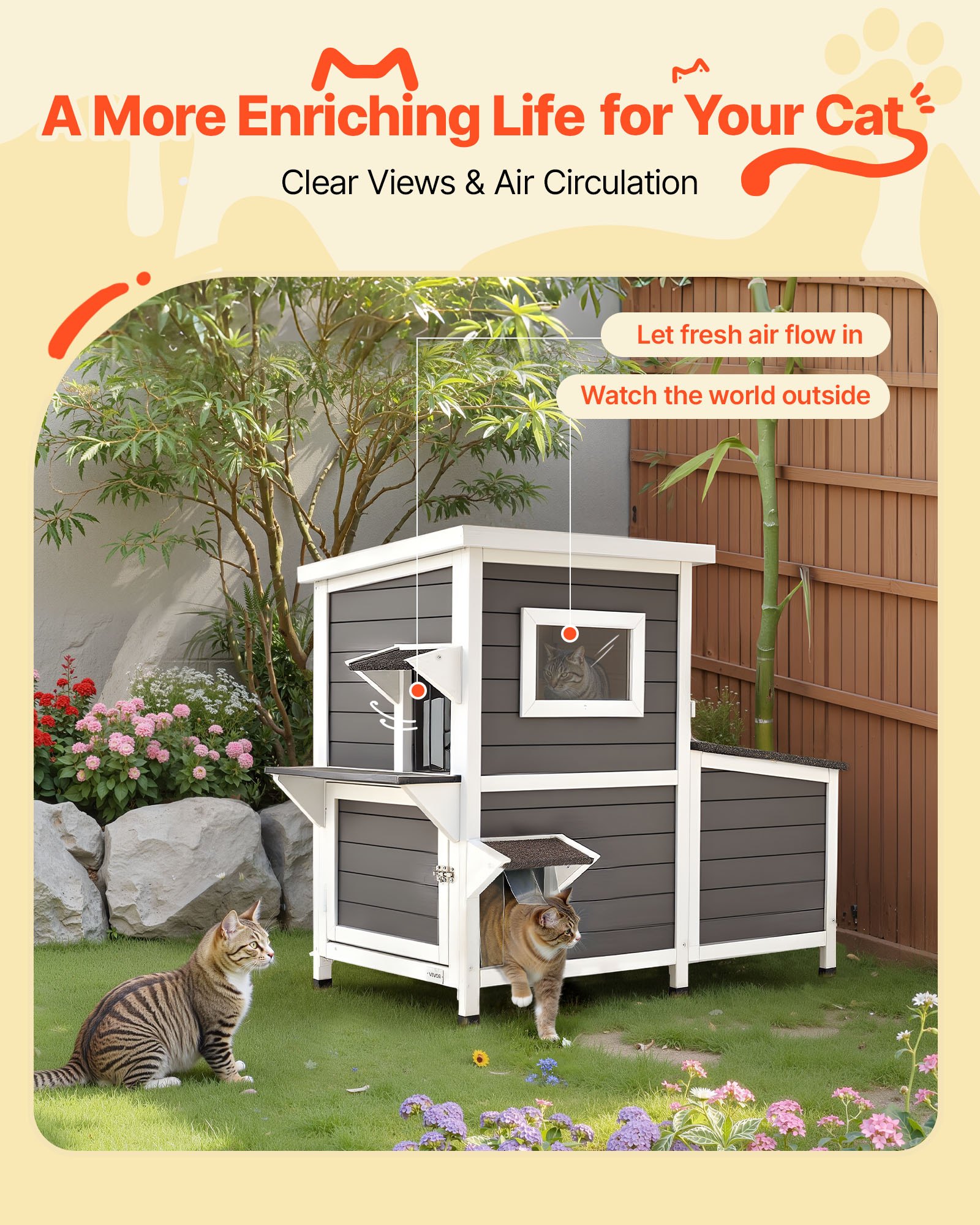 Casa de Perro al Aire Libre 2 Niveles, Refugio de Madera para 3 Gatos Exteriores en Invierno, Alcoba con Escaleras para Gatos Ferales con Ventanas Claro y Puertas de Velo, Condominios de Gatos Impermeables para Jardín 42 × 25 × 34 Pulgadas — imagen 2
