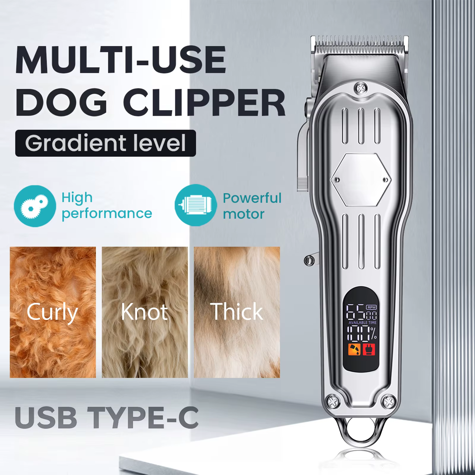 Upgrade Low Noise Dog Clippers for Thick Hair: Rechargeable Metal Blade, 8 Combs, Grooming Kit for Curly Hair (Silvery) — image 4