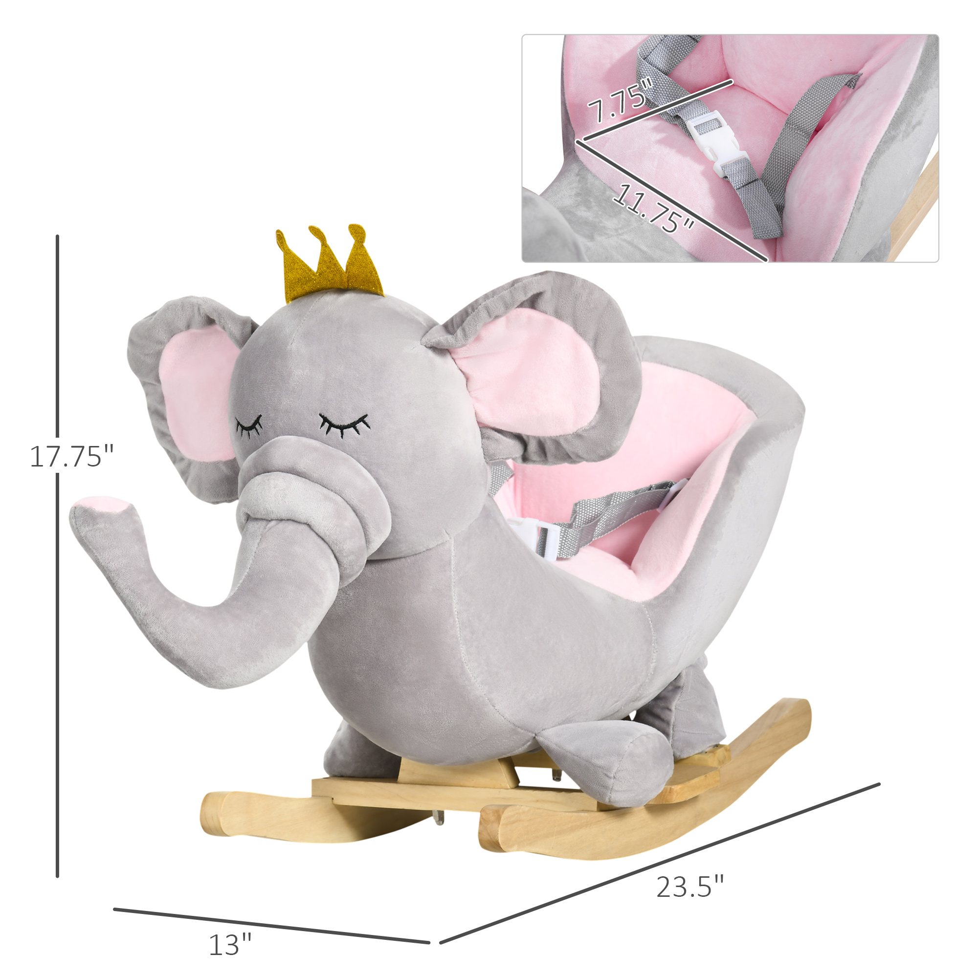 Baby Rocking Horse Elephant Rocking Chair Toddler Rocker Toy with Sound Wooden Base Seat for 1.5-3 Year Old, Gray — image 2