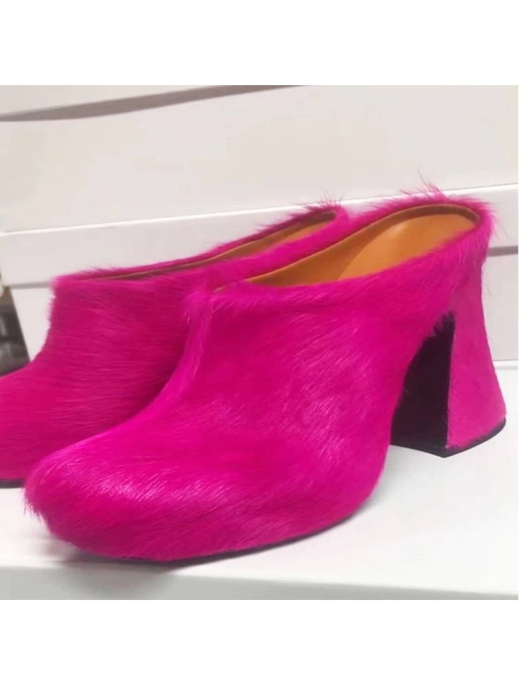 Round headed candy colored genuine leather horse hair with raised height inside casual lazy half slippers for women — image 6