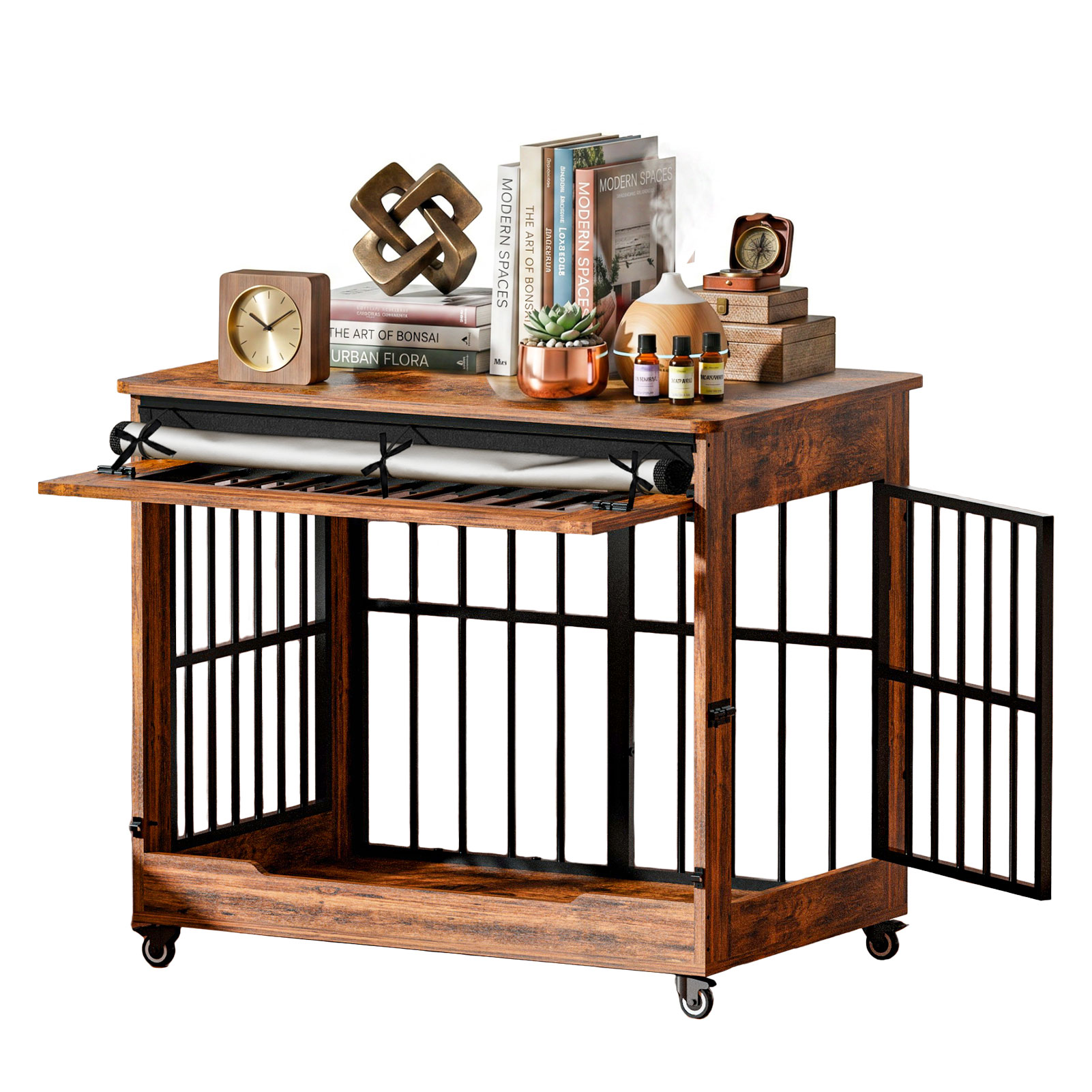 Dog Crate Furniture, Double Door Wooden Indoor Dog Kennel Furniture, Decorative Pet Cage End Table With Wheels For Large And Medium Breed Dogs, Size L, Greige — image 33