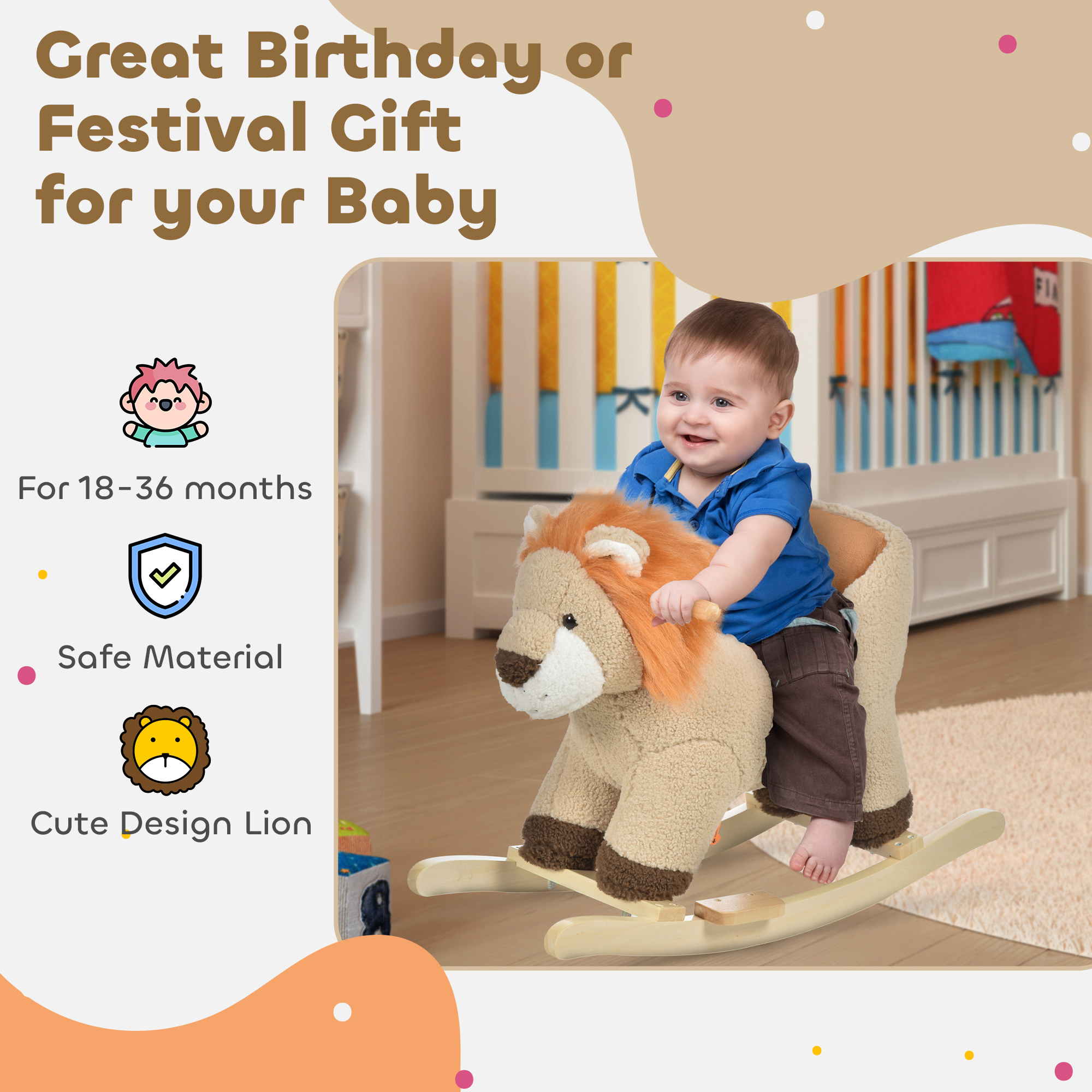Caballo de Roca para Bebés con Sonido de León, Animales de Peluche que Se Mueven, Caballo de Roca Ecológico con Cinturón de Seguridad para Niños y Niñas de 18 a 36 Meses Regalo Marrón — imagen 5